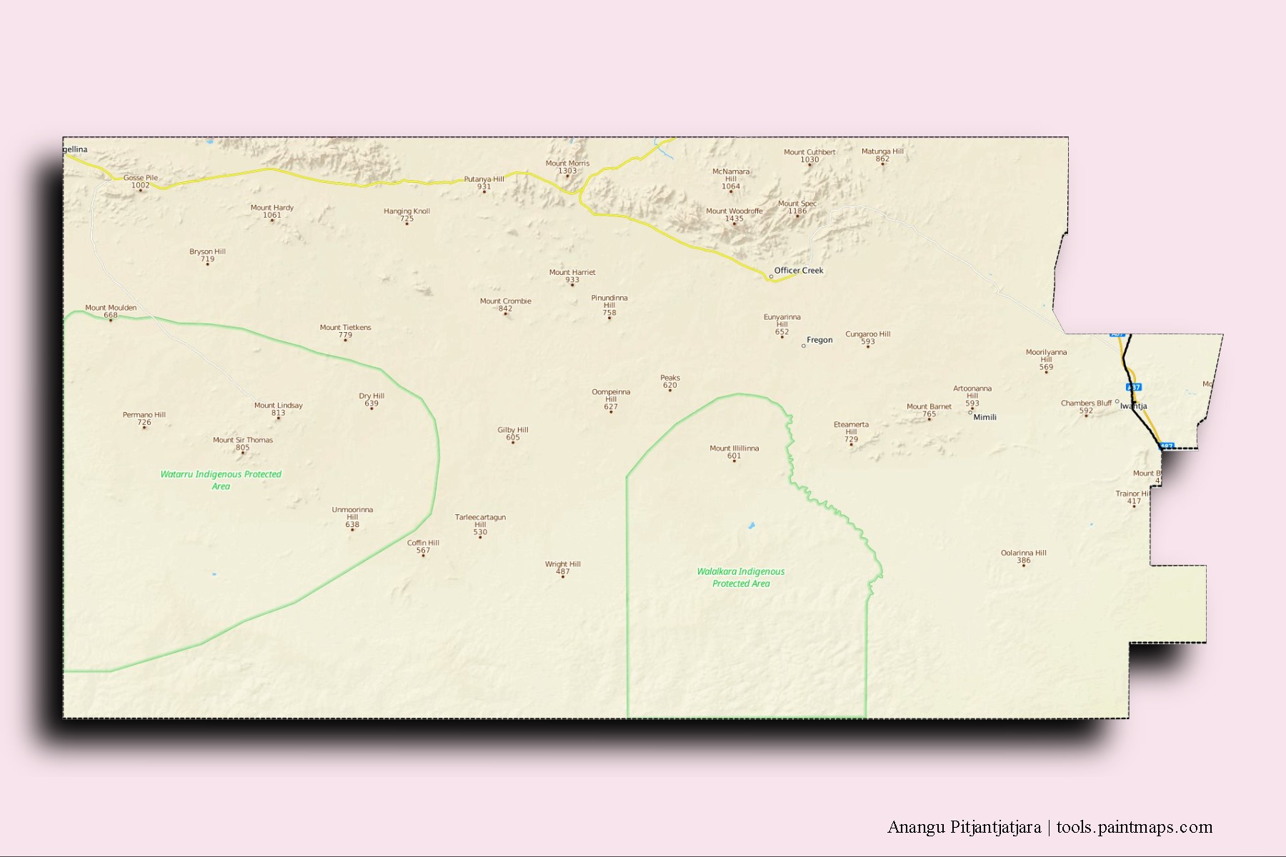 Anangu Pitjantjatjara neighborhoods and villages map with 3D shadow effect