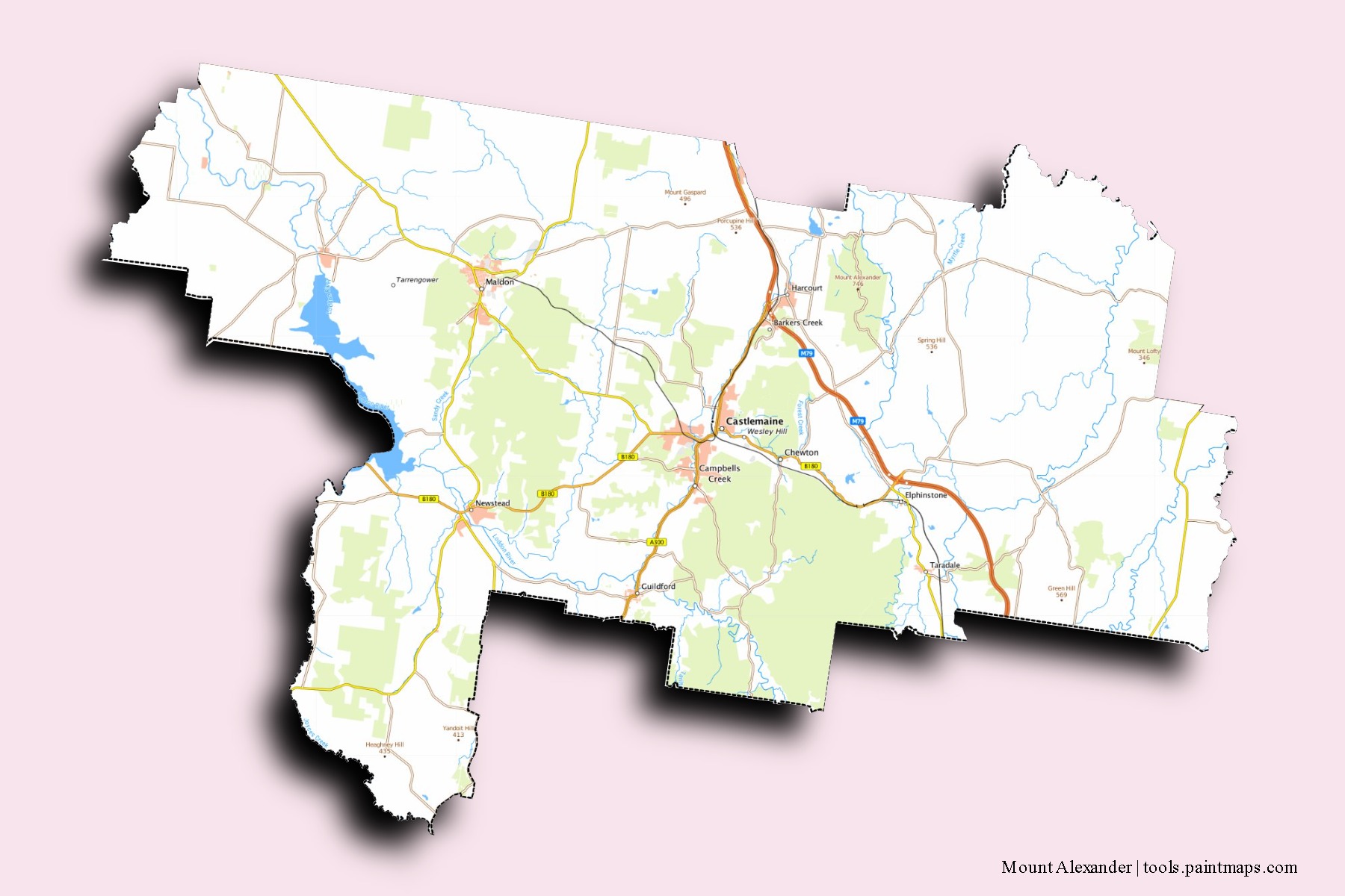3D gölge efektli Mount Alexander mahalleleri ve köyleri haritası