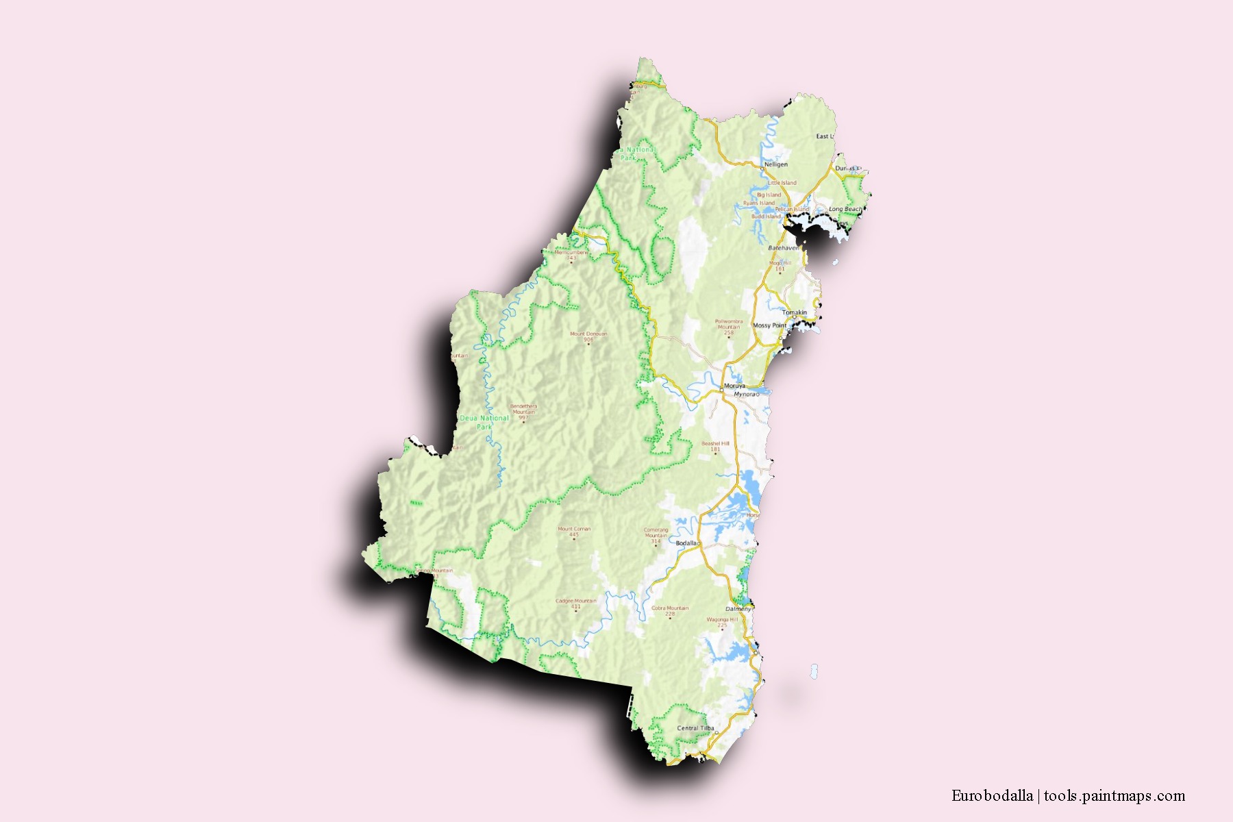 Mapa de barrios y pueblos de Eurobodalla con efecto de sombra 3D