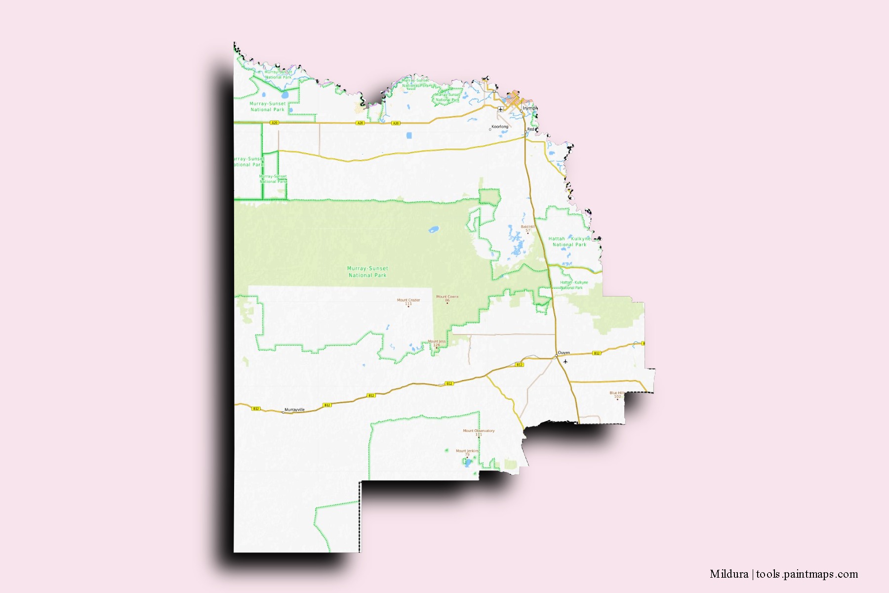 Mildura neighborhoods and villages map with 3D shadow effect