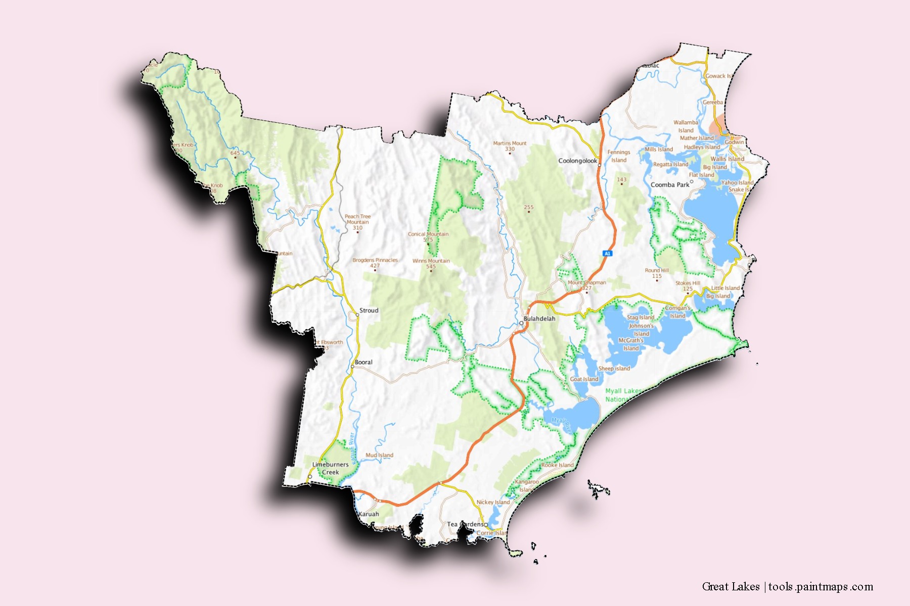 Mapa de barrios y pueblos de Great Lakes con efecto de sombra 3D