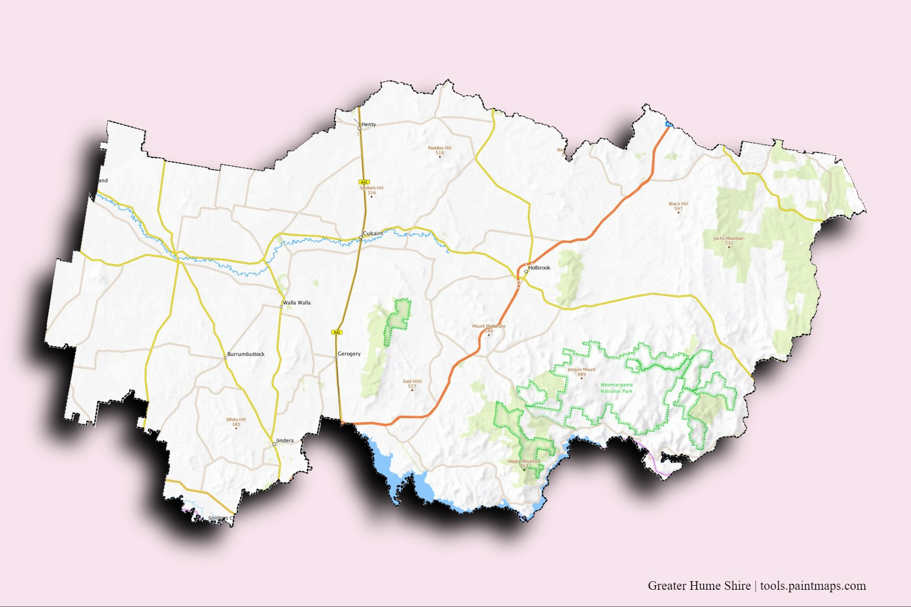 Mapa de barrios y pueblos de Greater Hume Shire con efecto de sombra 3D