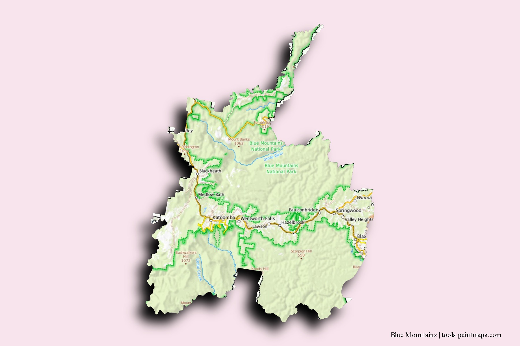 Blue Mountains neighborhoods and villages map with 3D shadow effect