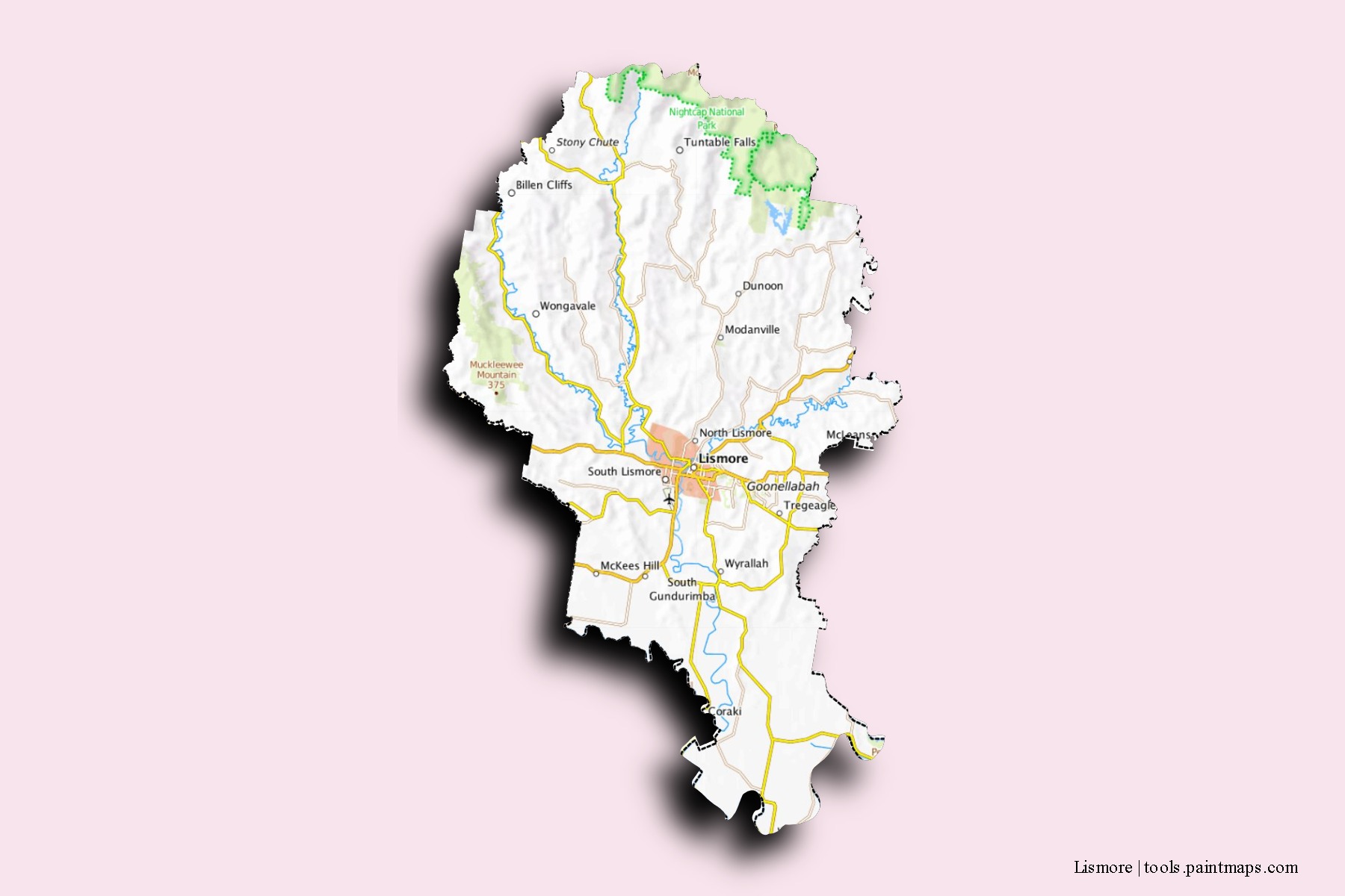 Mapa de barrios y pueblos de Lismore con efecto de sombra 3D