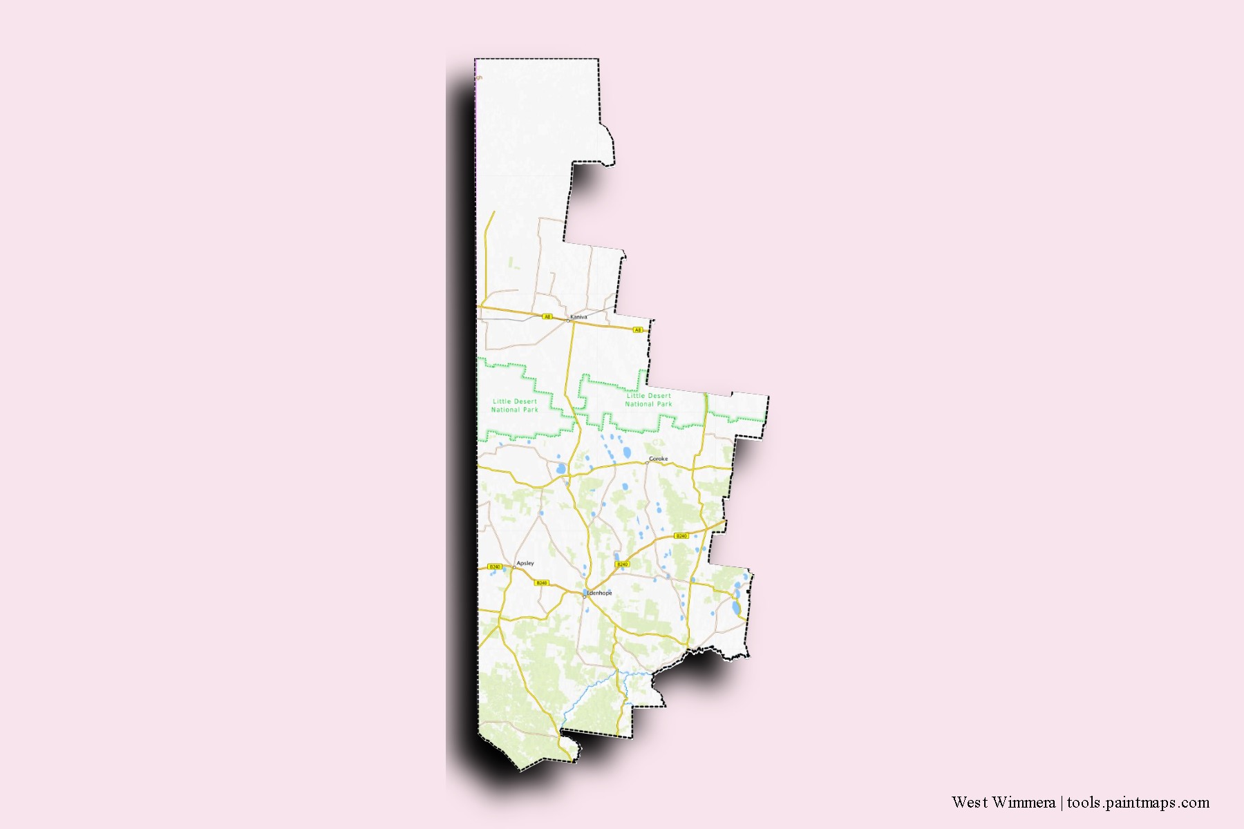 West Wimmera neighborhoods and villages map with 3D shadow effect