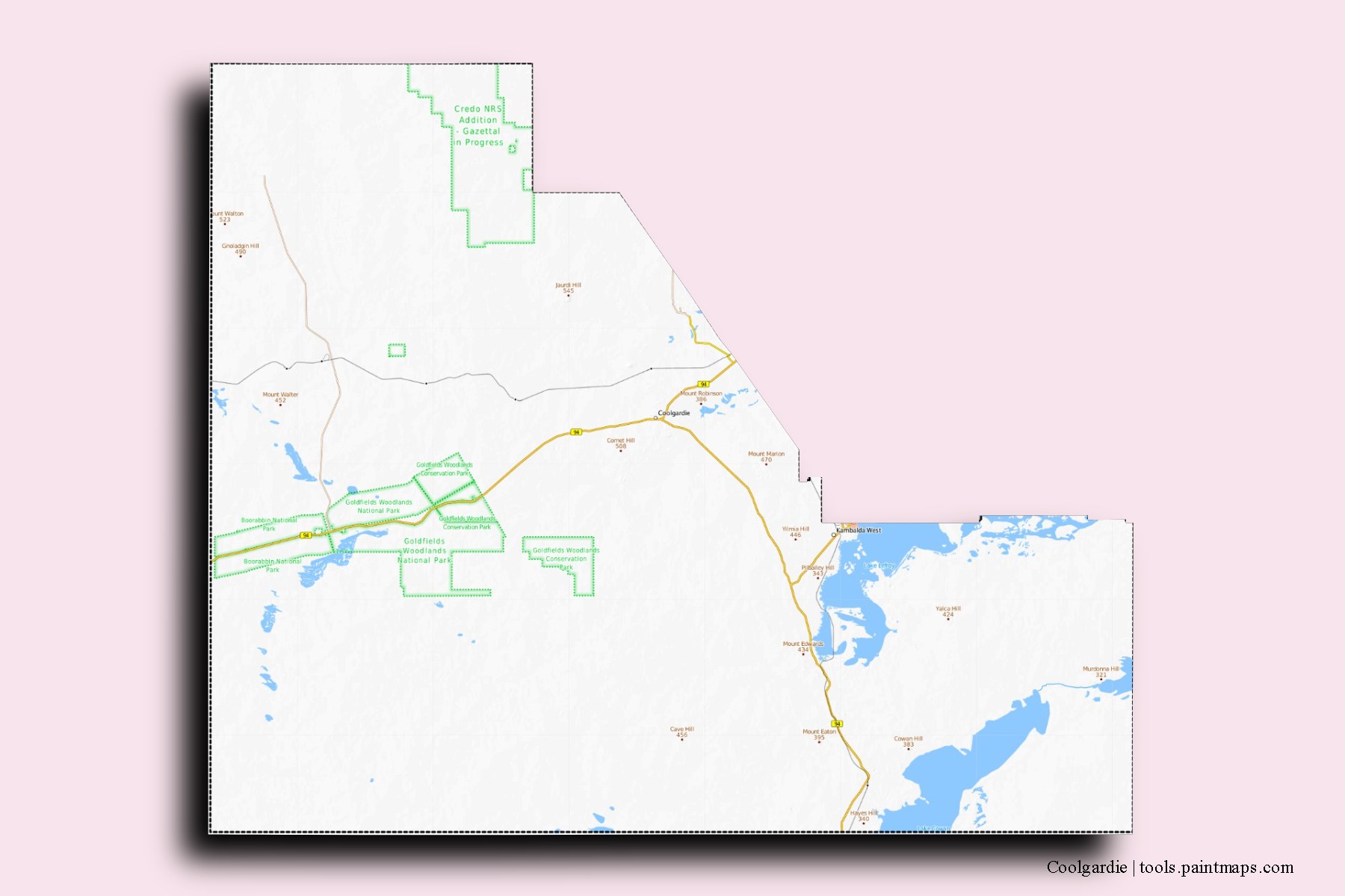 Coolgardie neighborhoods and villages map with 3D shadow effect