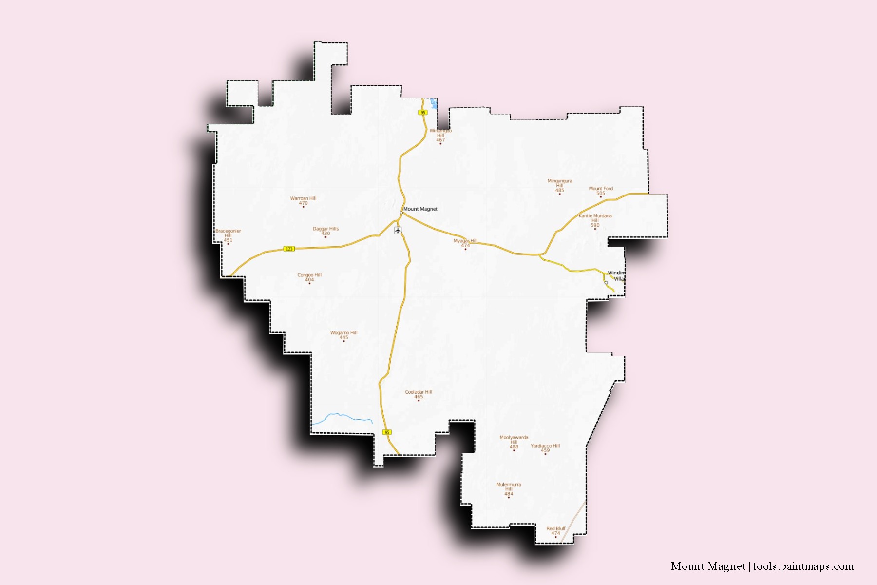 Mapa de barrios y pueblos de Mount Magnet con efecto de sombra 3D