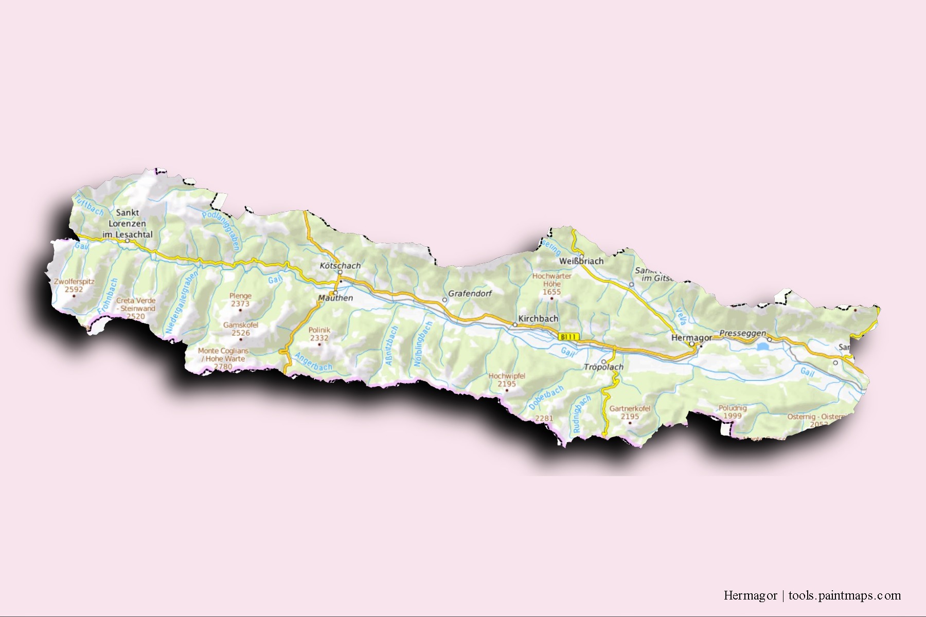 Mapa de barrios y pueblos de Hermagor con efecto de sombra 3D