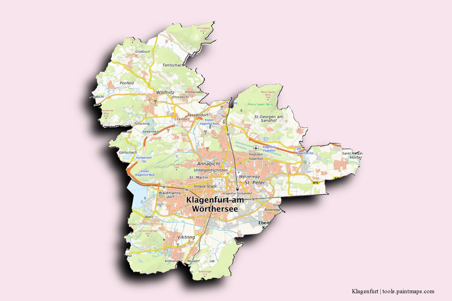 Mapa de barrios y pueblos de Klagenfurt con efecto de sombra 3D