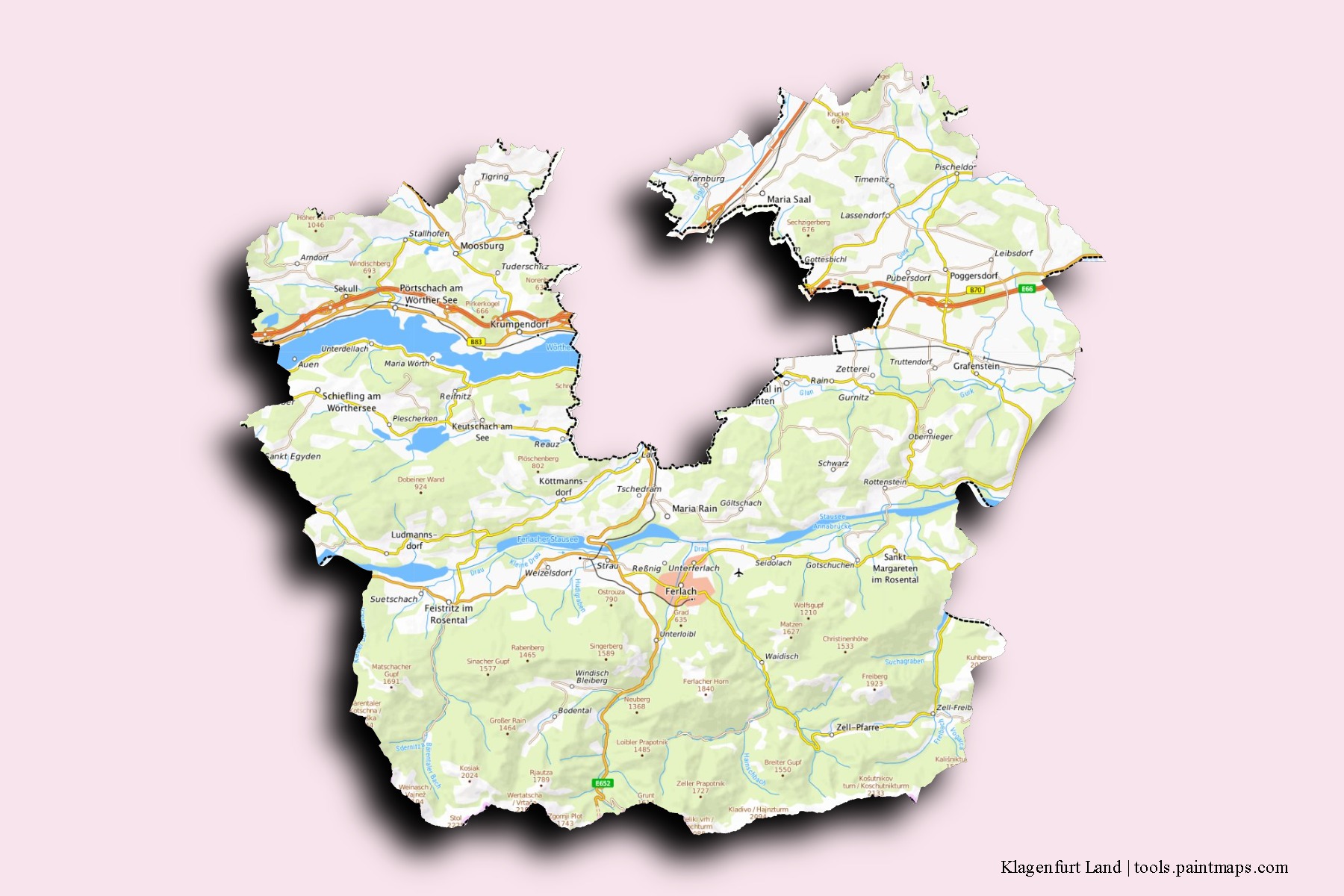 Mapa de barrios y pueblos de Klagenfurt Land con efecto de sombra 3D