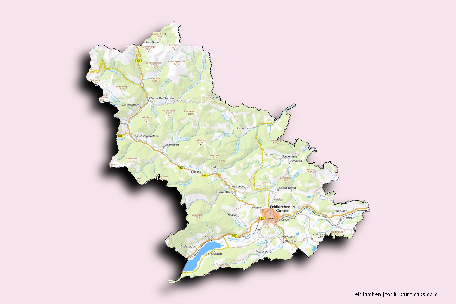 Feldkirchen neighborhoods and villages map with 3D shadow effect