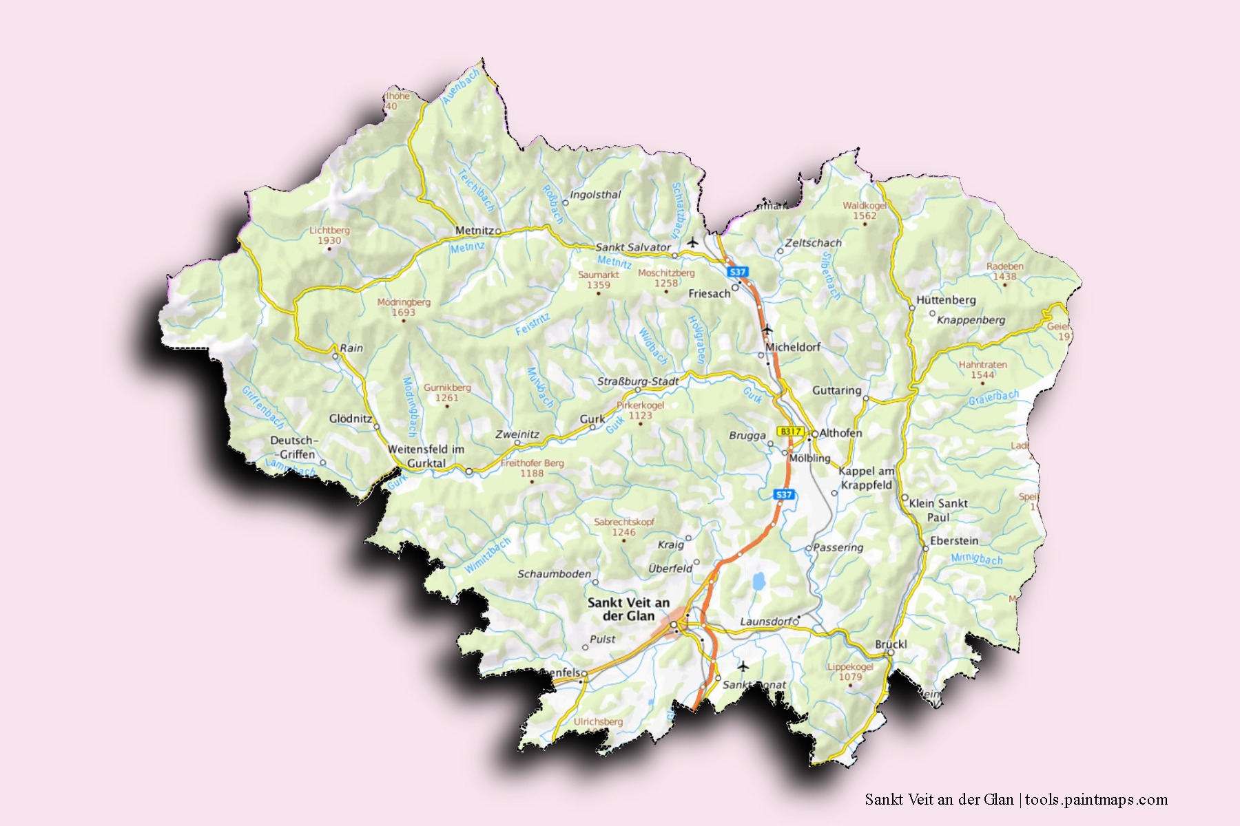 Mapa de barrios y pueblos de Sankt Veit an der Glan con efecto de sombra 3D