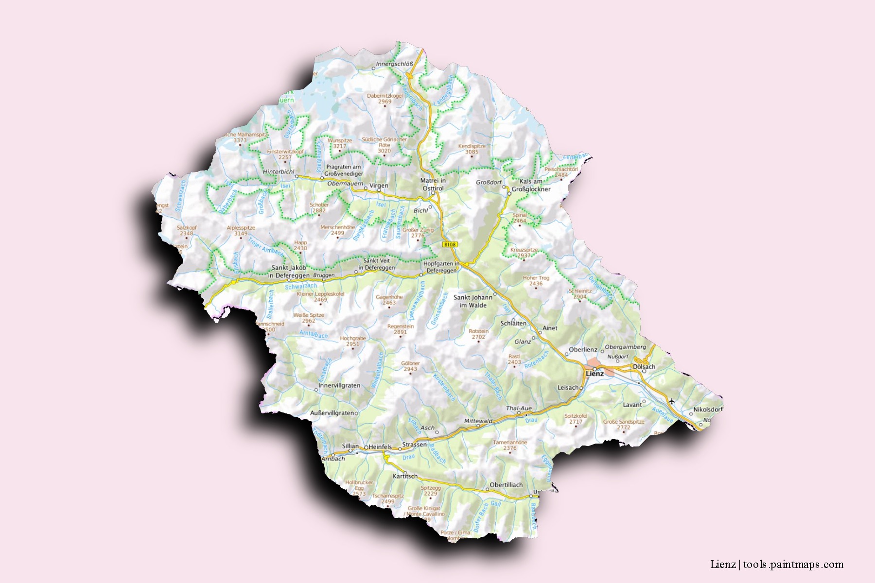 Lienz neighborhoods and villages map with 3D shadow effect