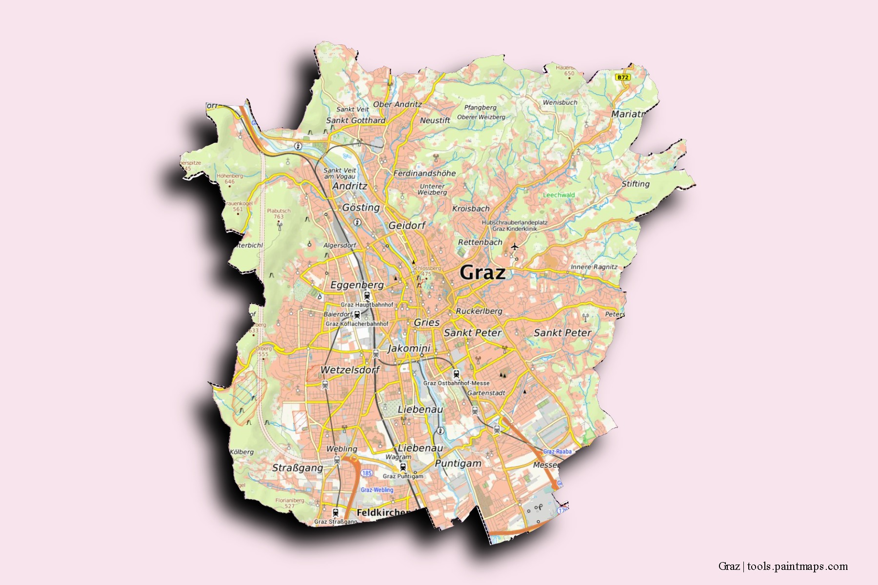 Graz neighborhoods and villages map with 3D shadow effect