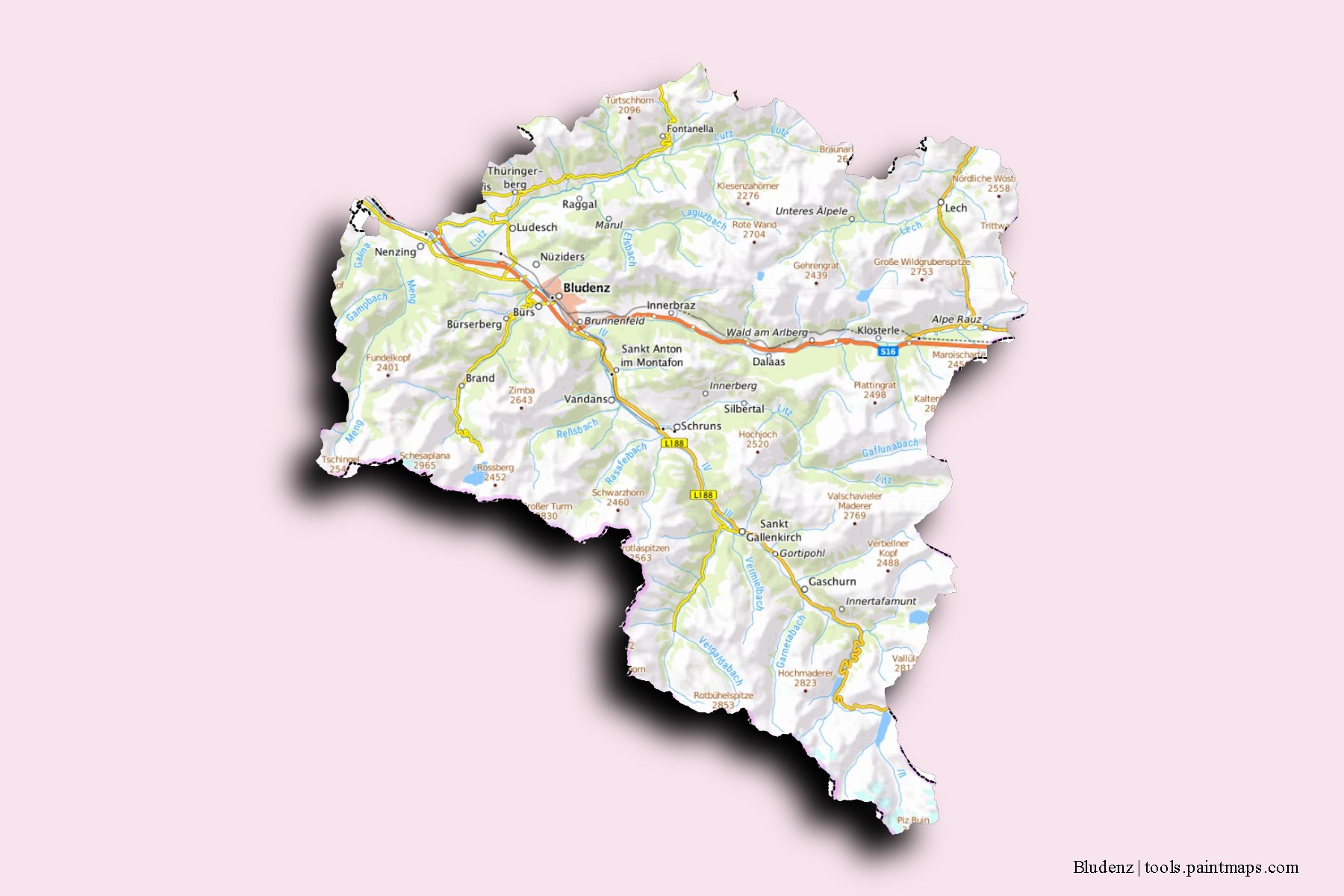 Bludenz neighborhoods and villages map with 3D shadow effect