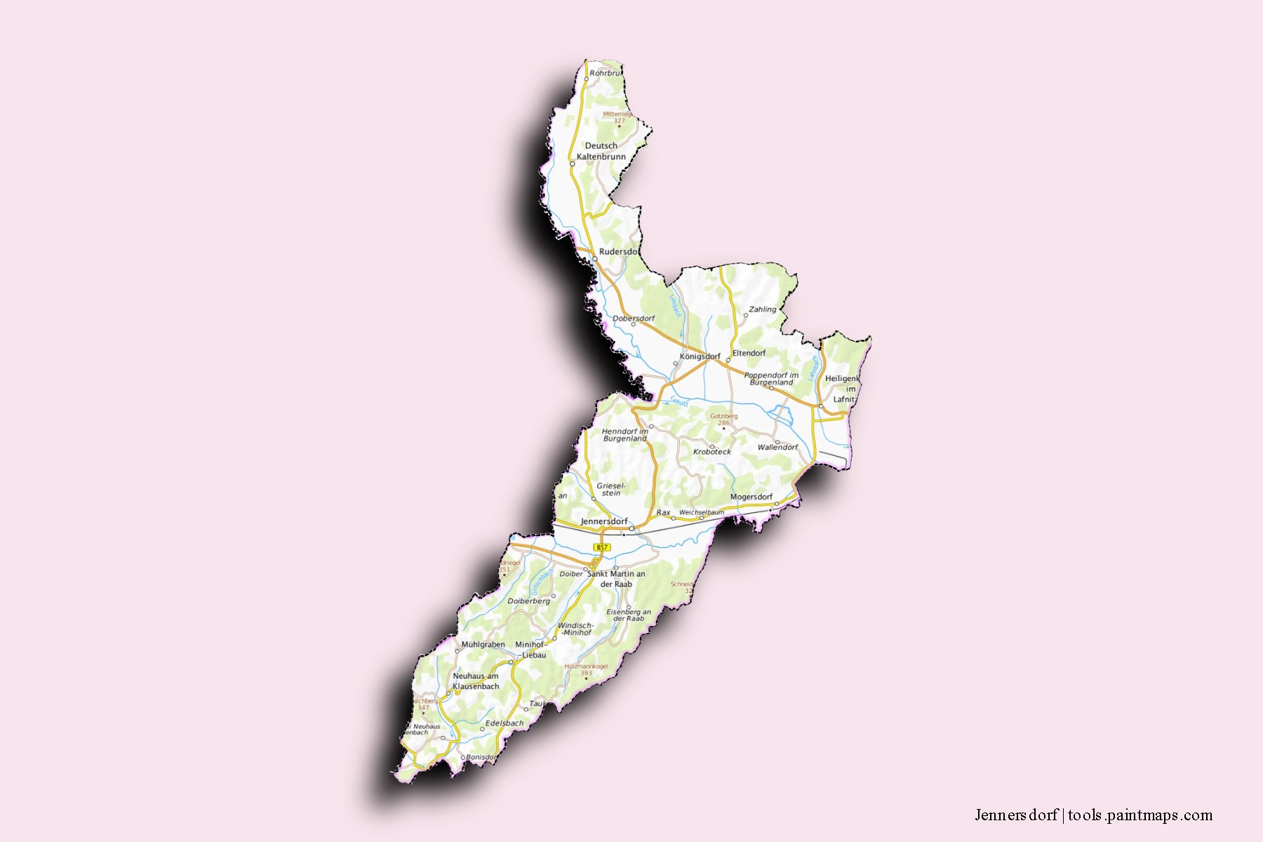 Mapa de barrios y pueblos de Jennersdorf con efecto de sombra 3D