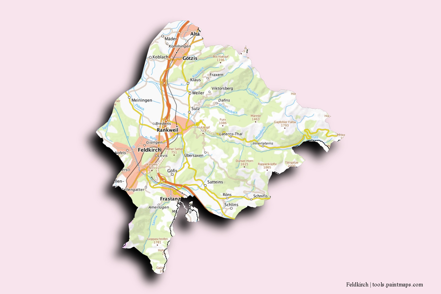 Feldkirch neighborhoods and villages map with 3D shadow effect