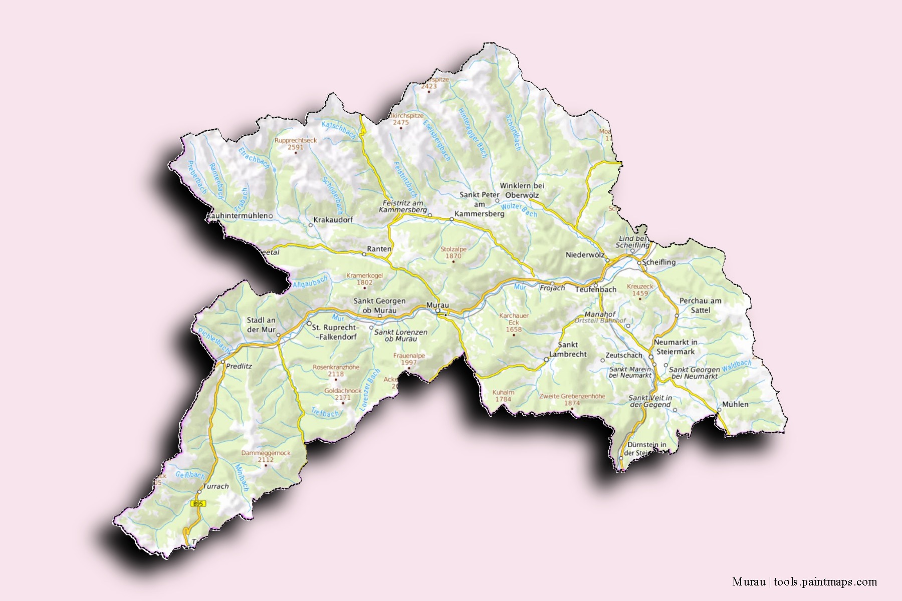 Mapa de barrios y pueblos de Murau con efecto de sombra 3D