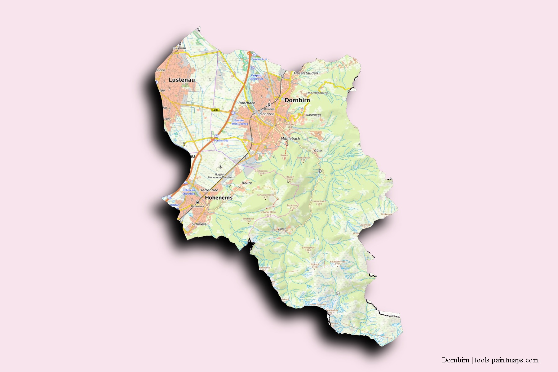 Mapa de barrios y pueblos de Dornbirn con efecto de sombra 3D