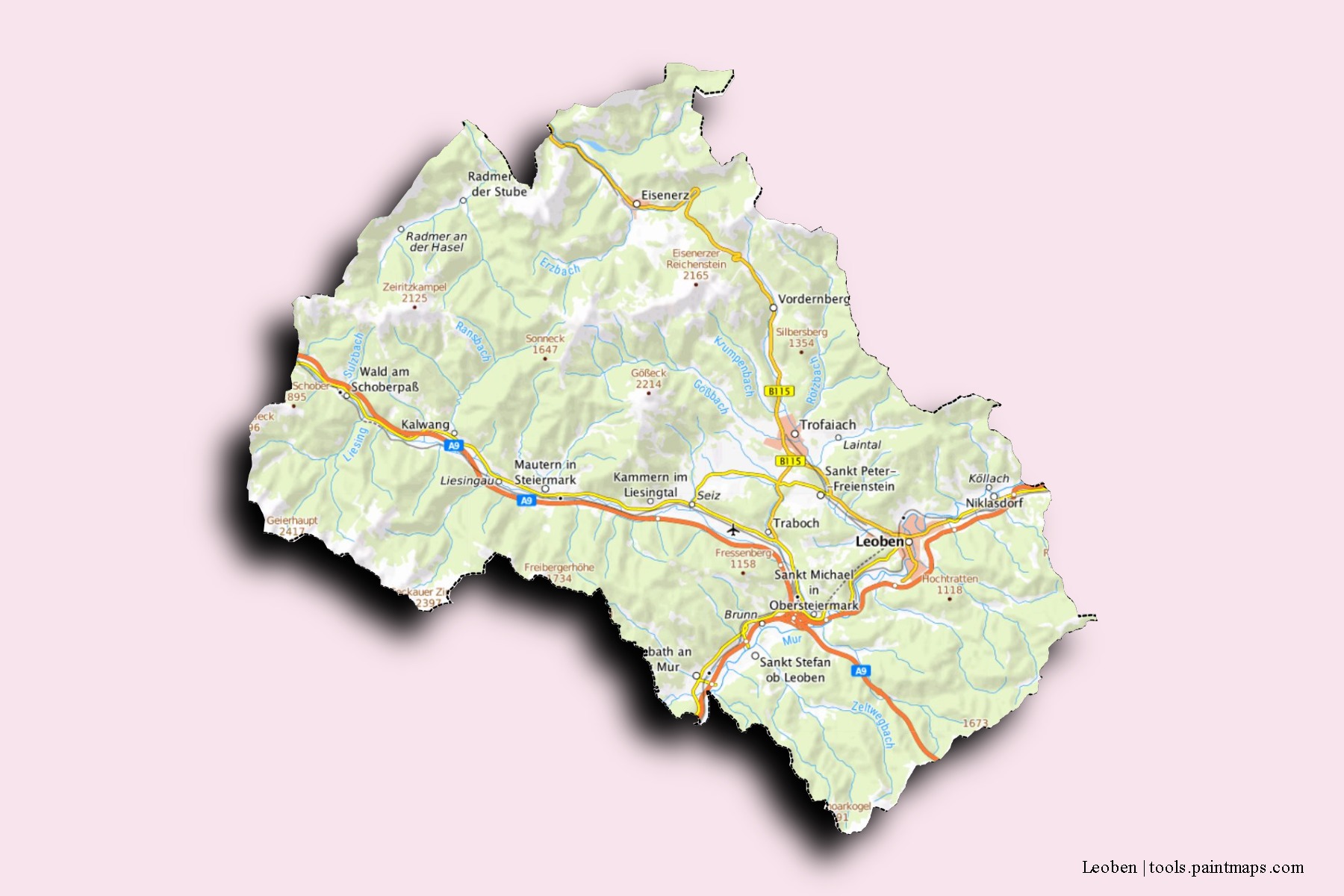 Mapa de barrios y pueblos de Leoben con efecto de sombra 3D