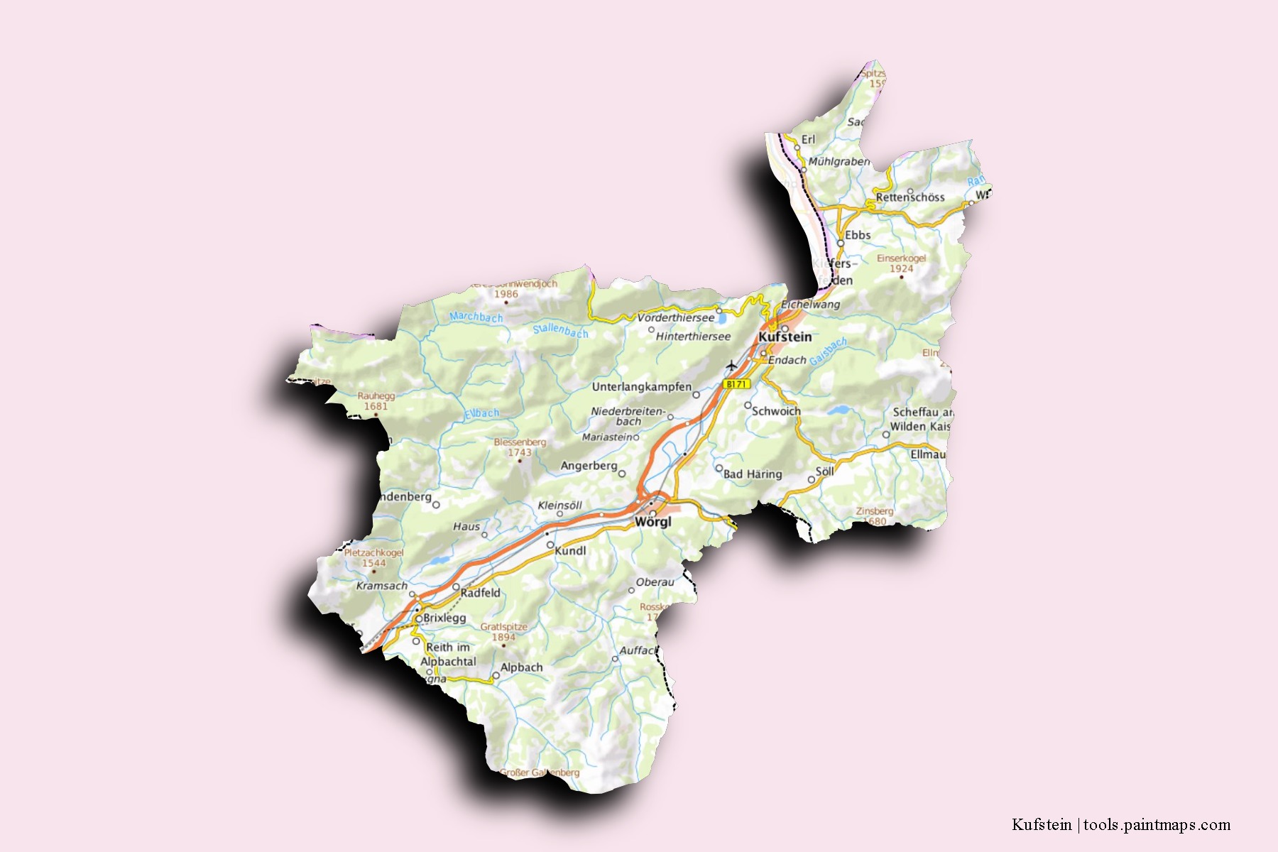 Kufstein neighborhoods and villages map with 3D shadow effect