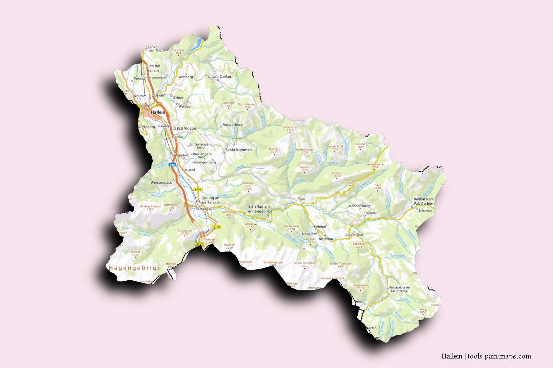 3D gölge efektli Hallein mahalleleri ve köyleri haritası