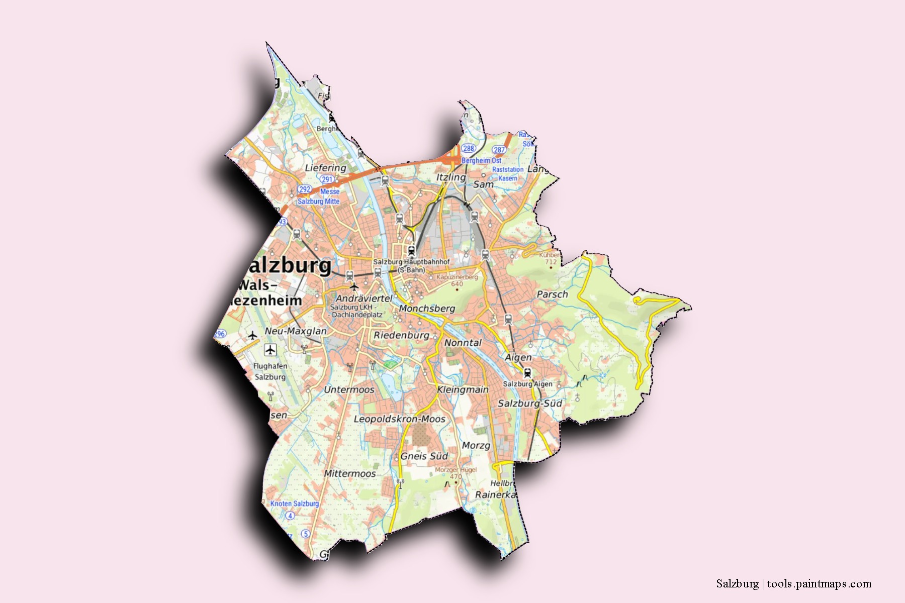 Salzburg neighborhoods and villages map with 3D shadow effect