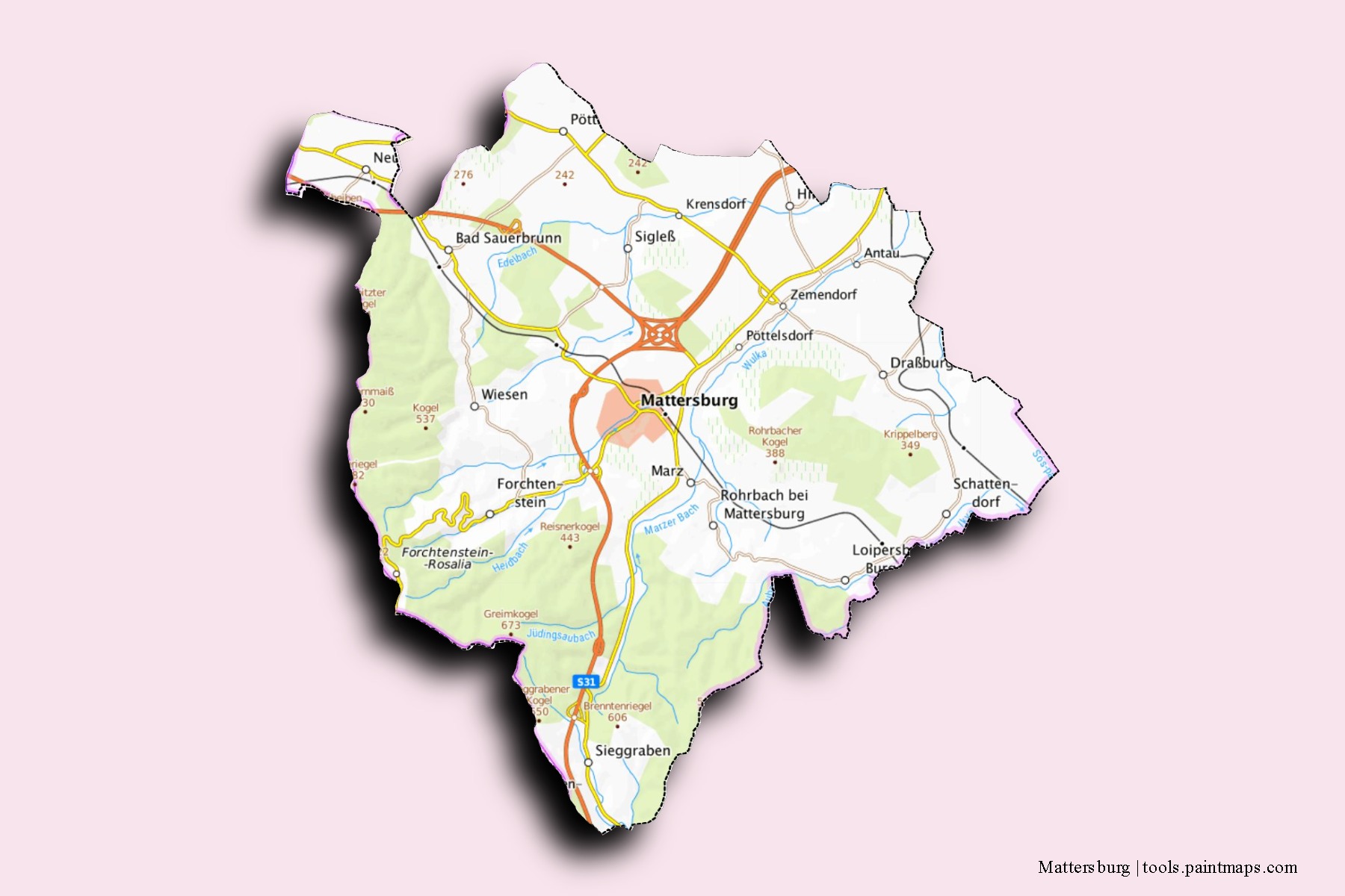 Mattersburg neighborhoods and villages map with 3D shadow effect