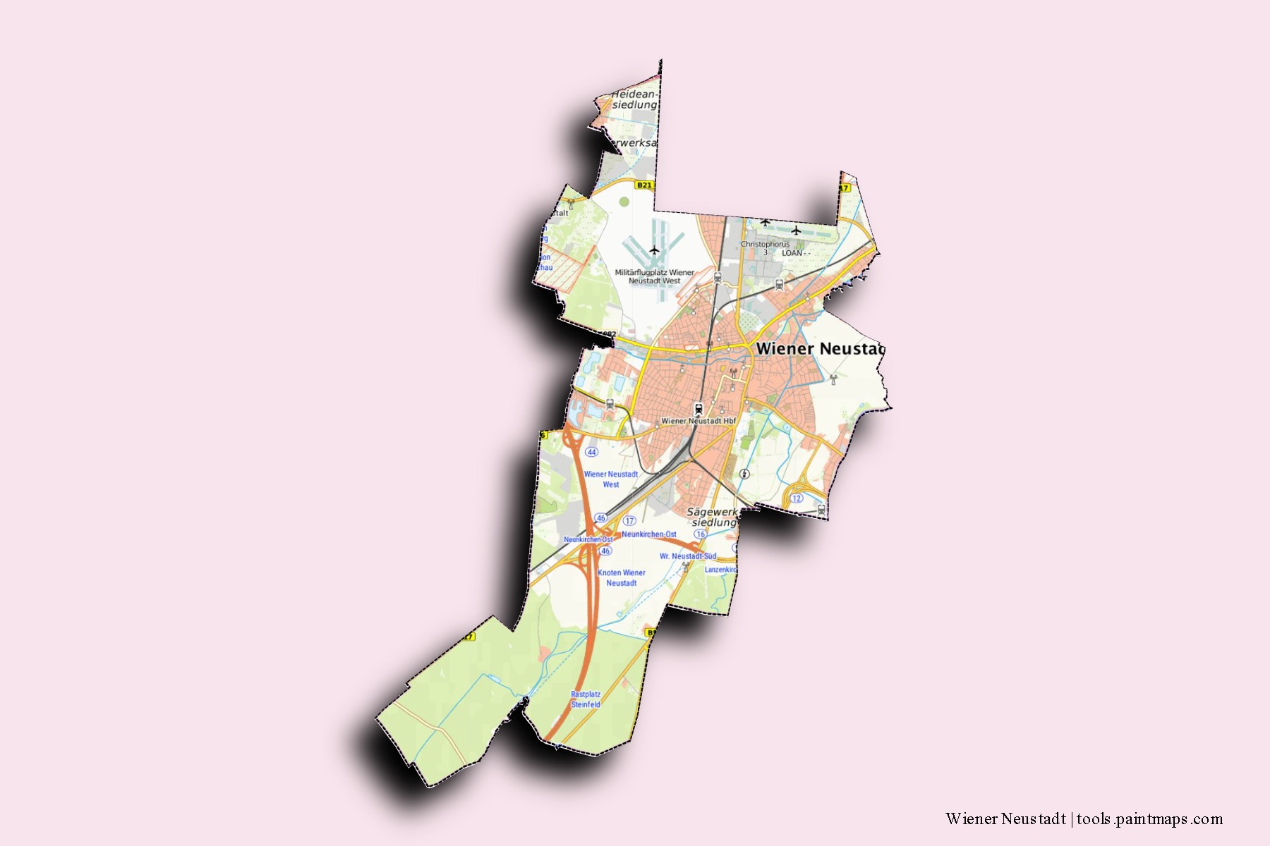 Mapa de barrios y pueblos de Wiener Neustadt con efecto de sombra 3D