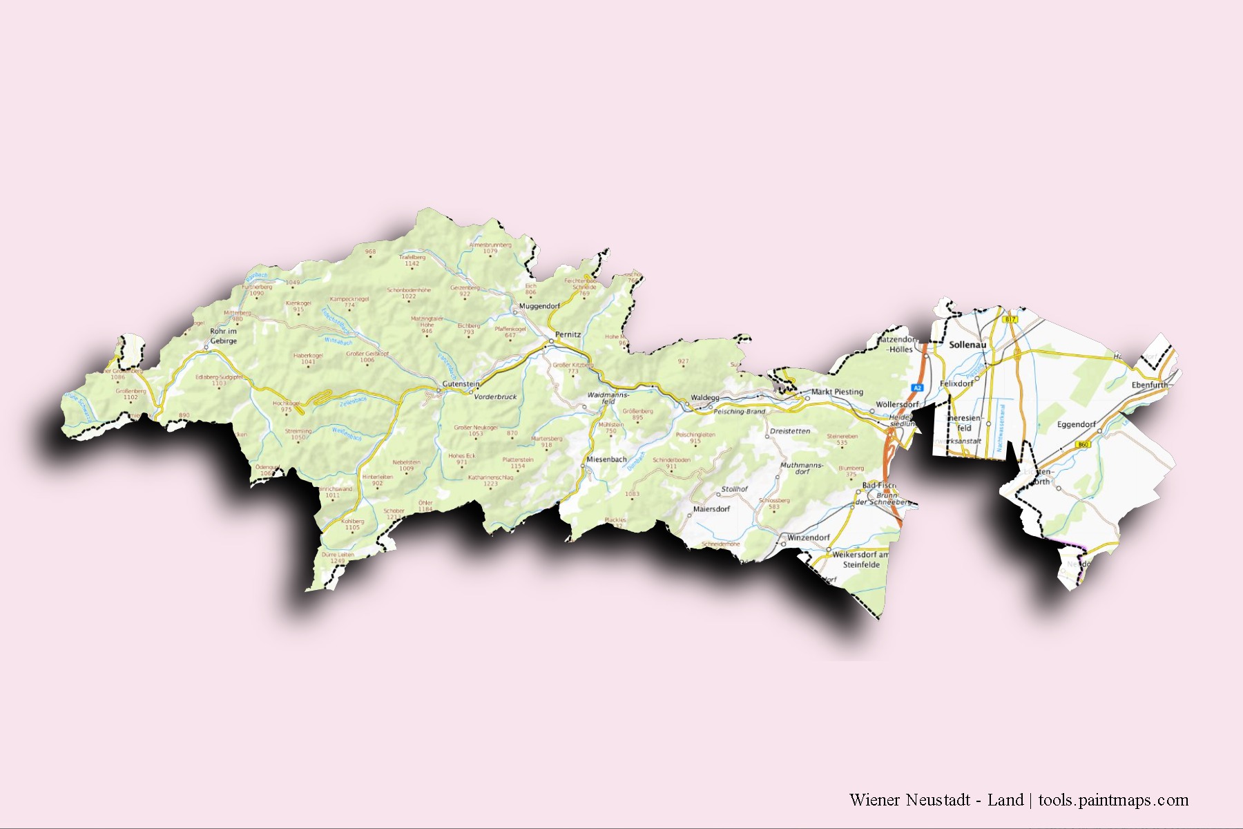 Mapa de barrios y pueblos de Wiener Neustadt - Land con efecto de sombra 3D