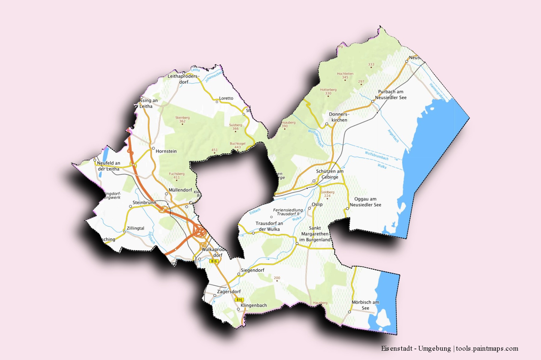 Mapa de barrios y pueblos de Eisenstadt - Umgebung con efecto de sombra 3D