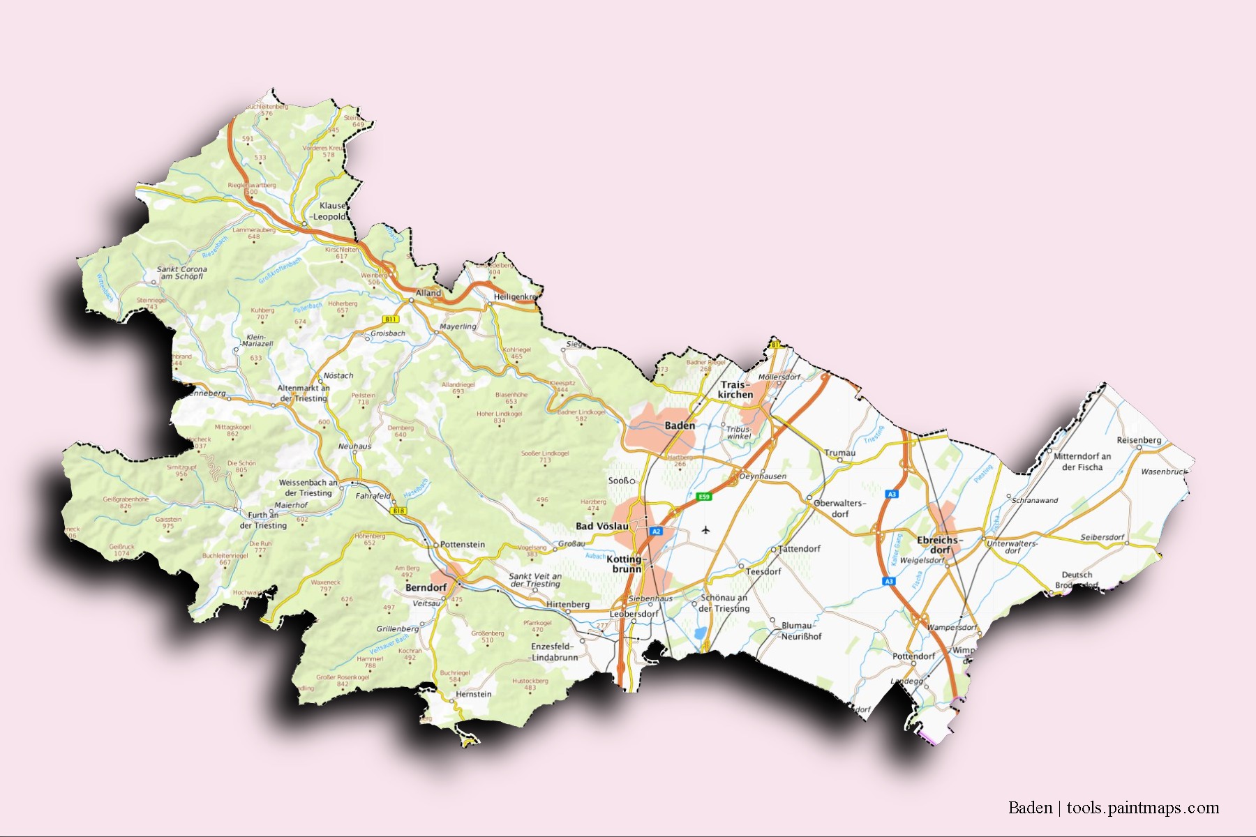 Mapa de barrios y pueblos de Baden con efecto de sombra 3D