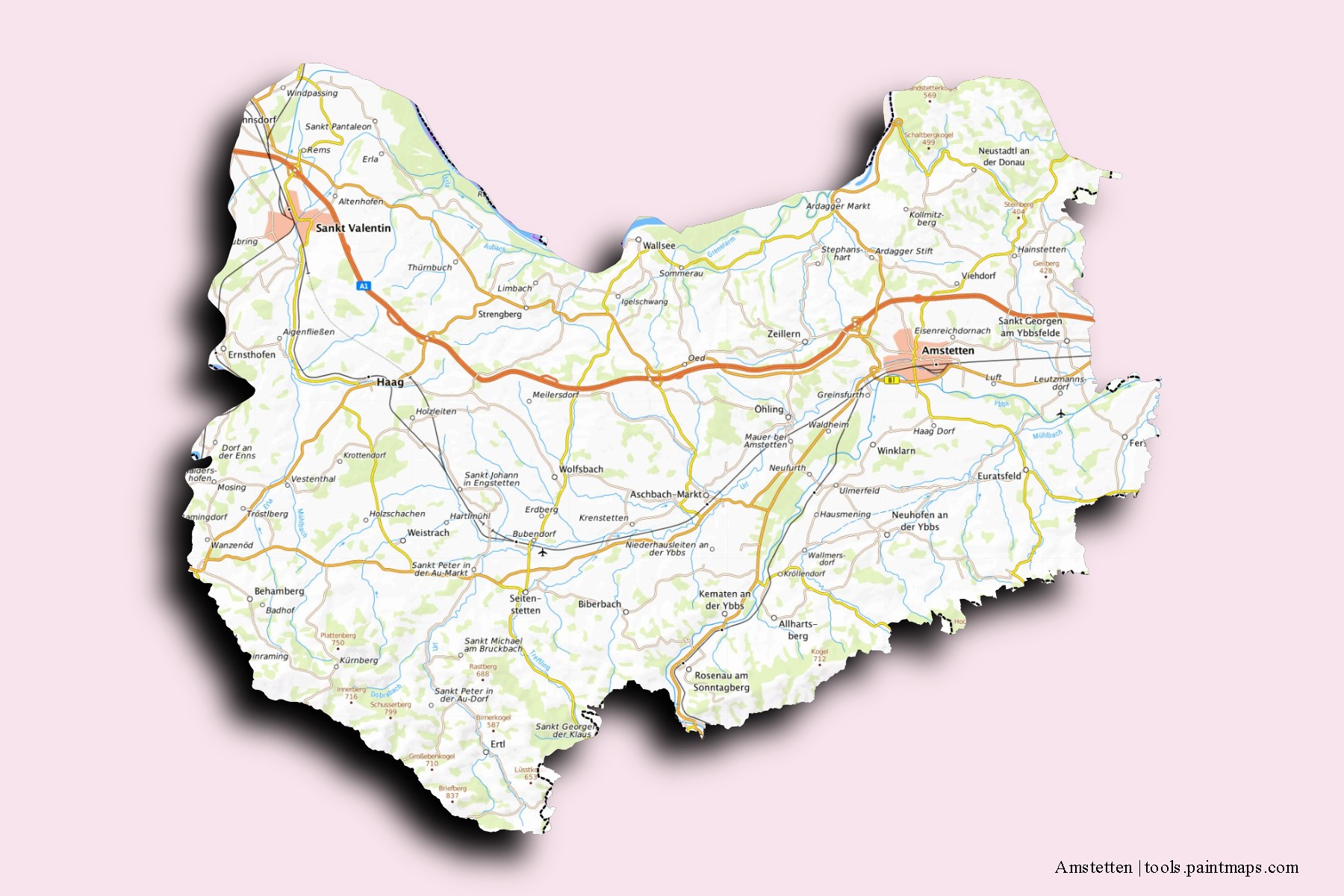 Amstetten neighborhoods and villages map with 3D shadow effect