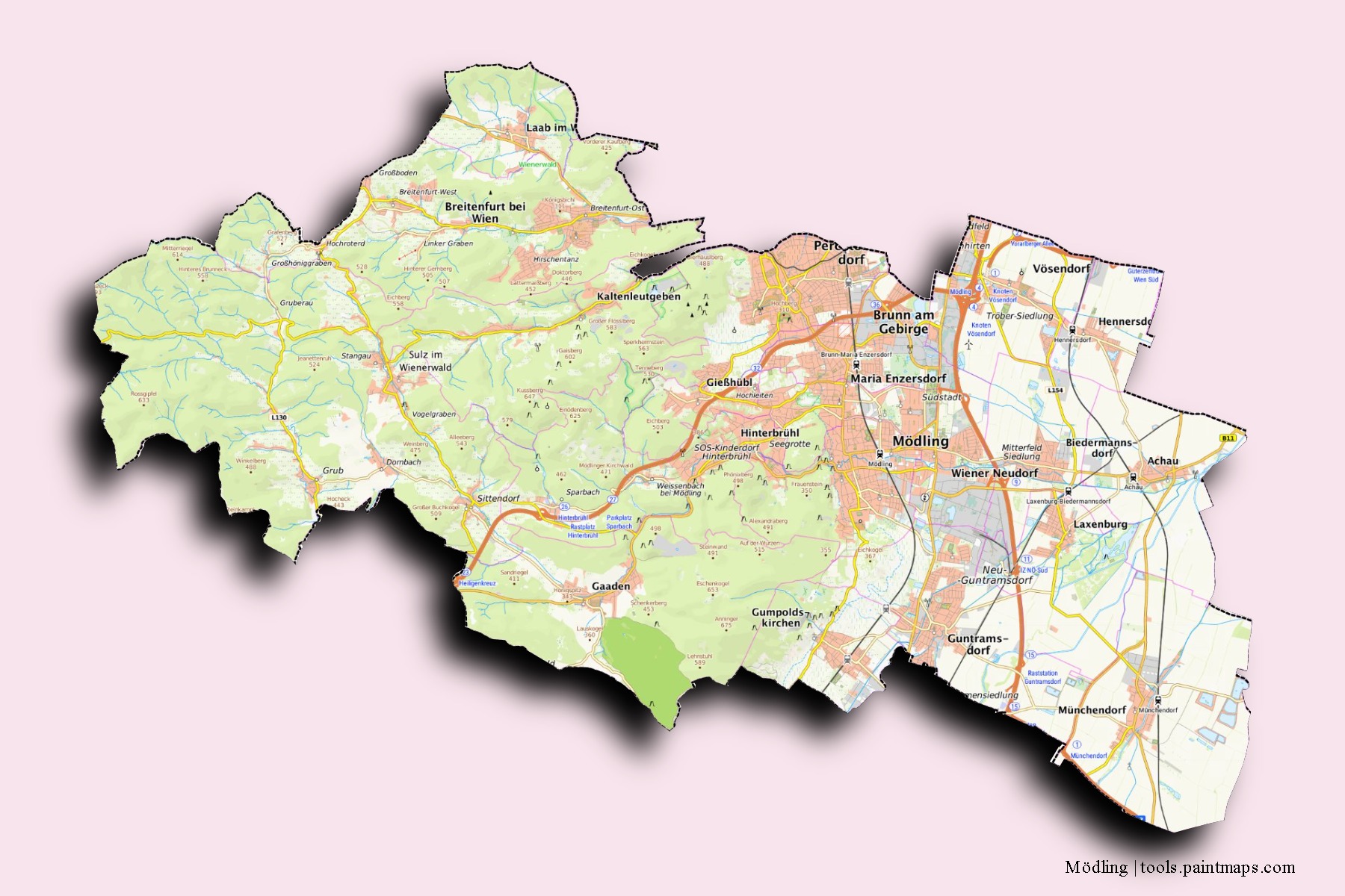 Mödling neighborhoods and villages map with 3D shadow effect