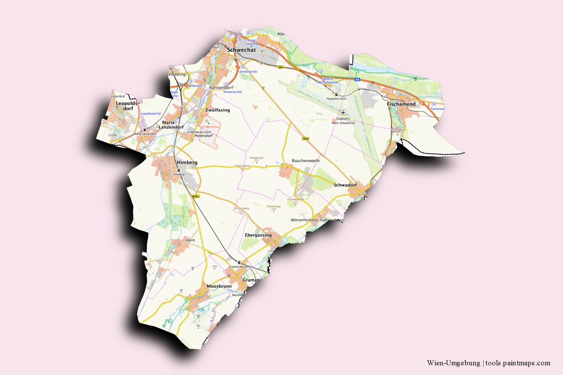 Wien-Umgebung District neighborhoods and villages map with 3D shadow effect