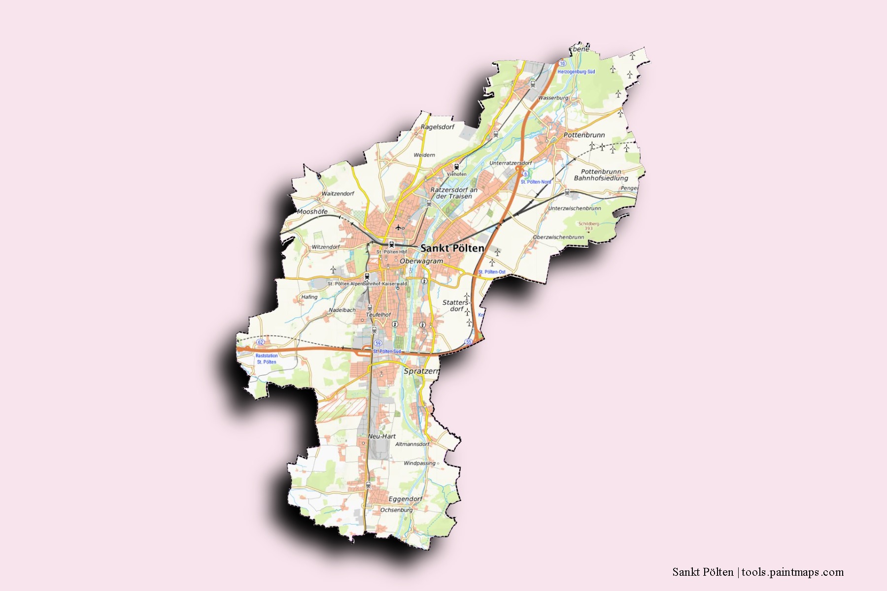 Mapa de barrios y pueblos de Sankt Pölten con efecto de sombra 3D