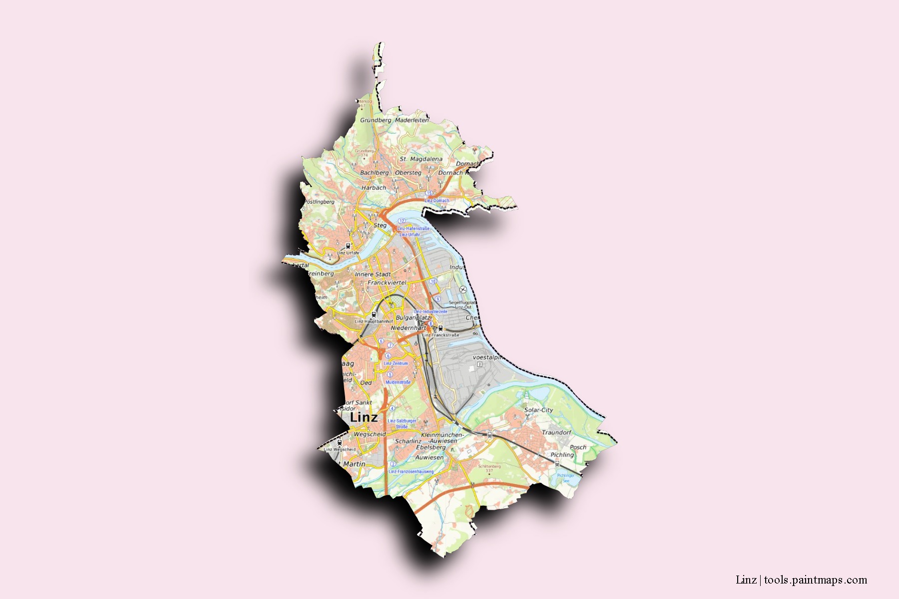 Mapa de barrios y pueblos de Linz con efecto de sombra 3D