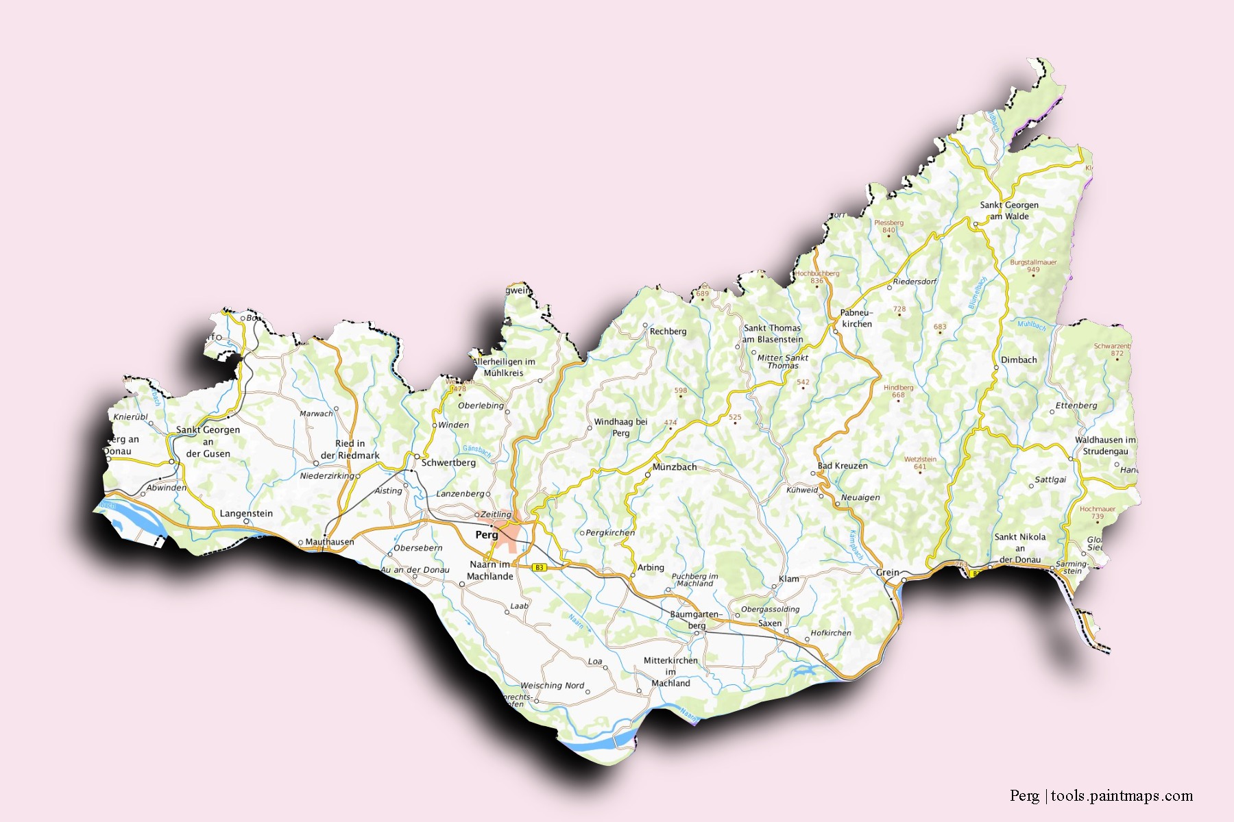 Mapa de barrios y pueblos de Perg con efecto de sombra 3D