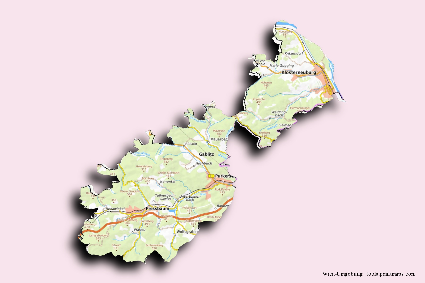 Wien-Umgebung District neighborhoods and villages map with 3D shadow effect