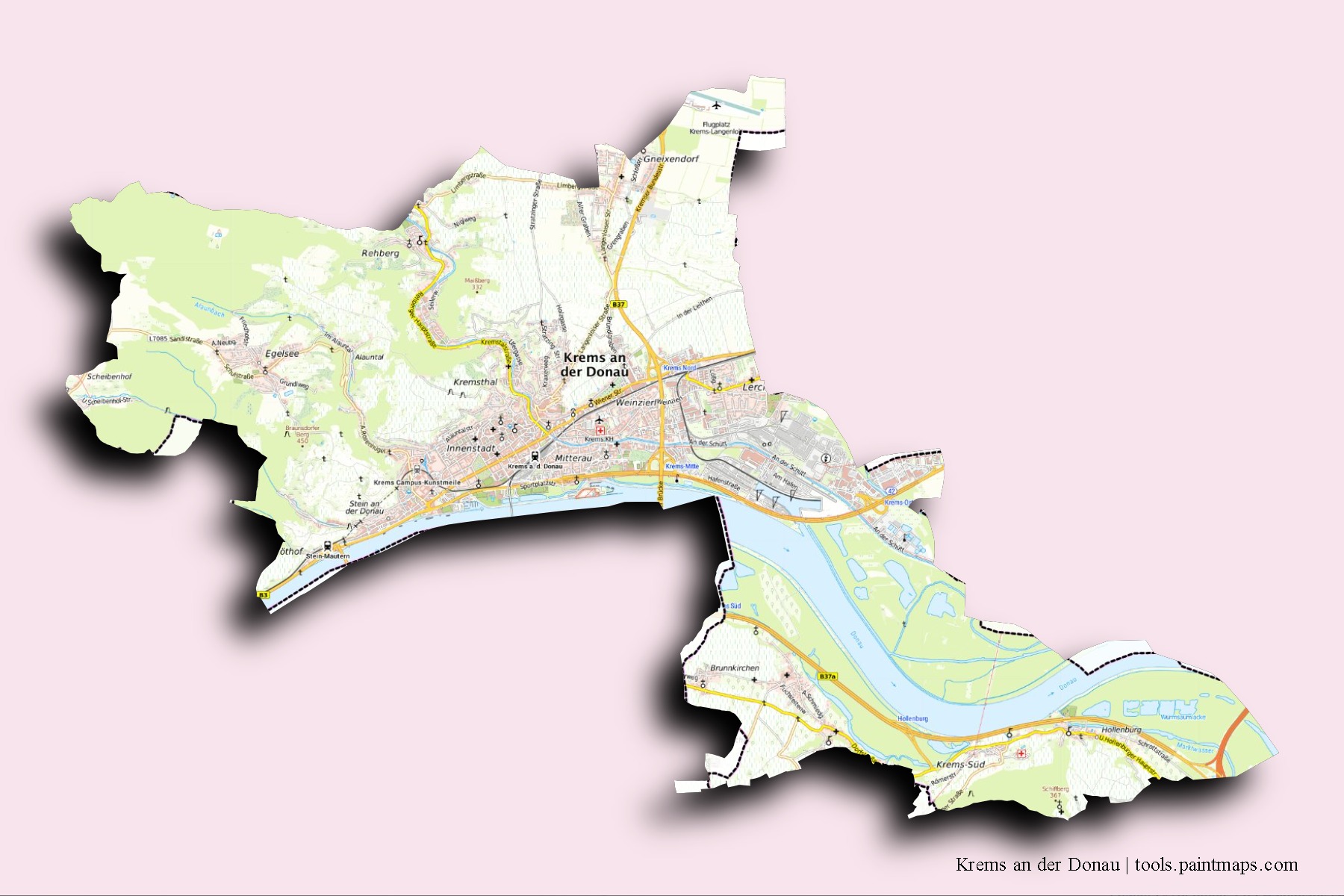 Krems an der Donau Stadt neighborhoods and villages map with 3D shadow effect