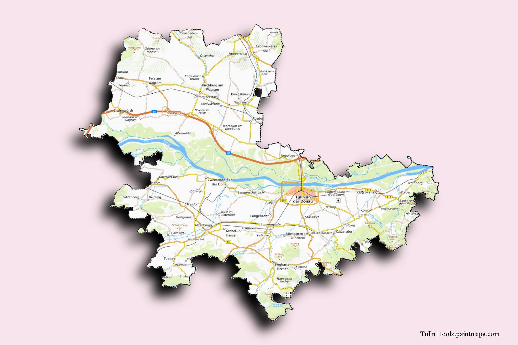 Mapa de barrios y pueblos de Tulln con efecto de sombra 3D