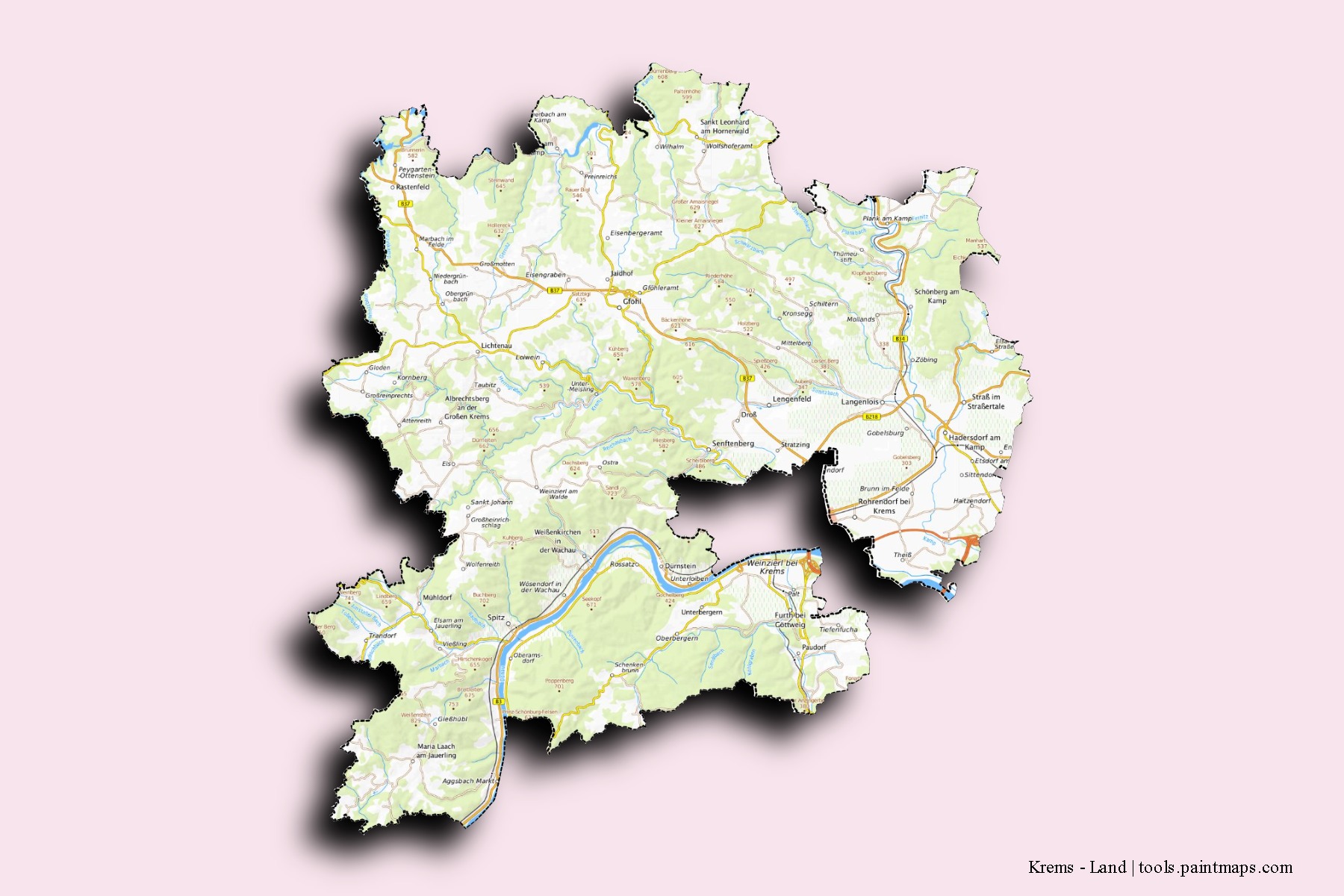 Mapa de barrios y pueblos de Krems - Land con efecto de sombra 3D