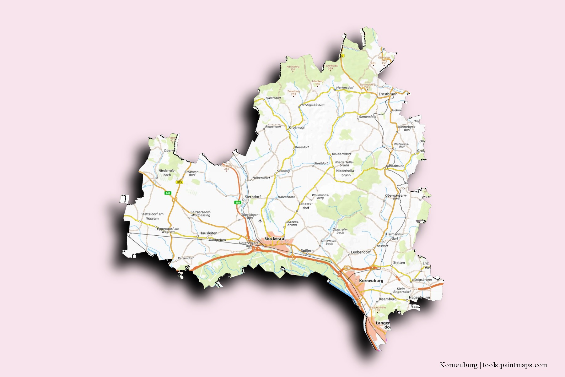 Korneuburg neighborhoods and villages map with 3D shadow effect