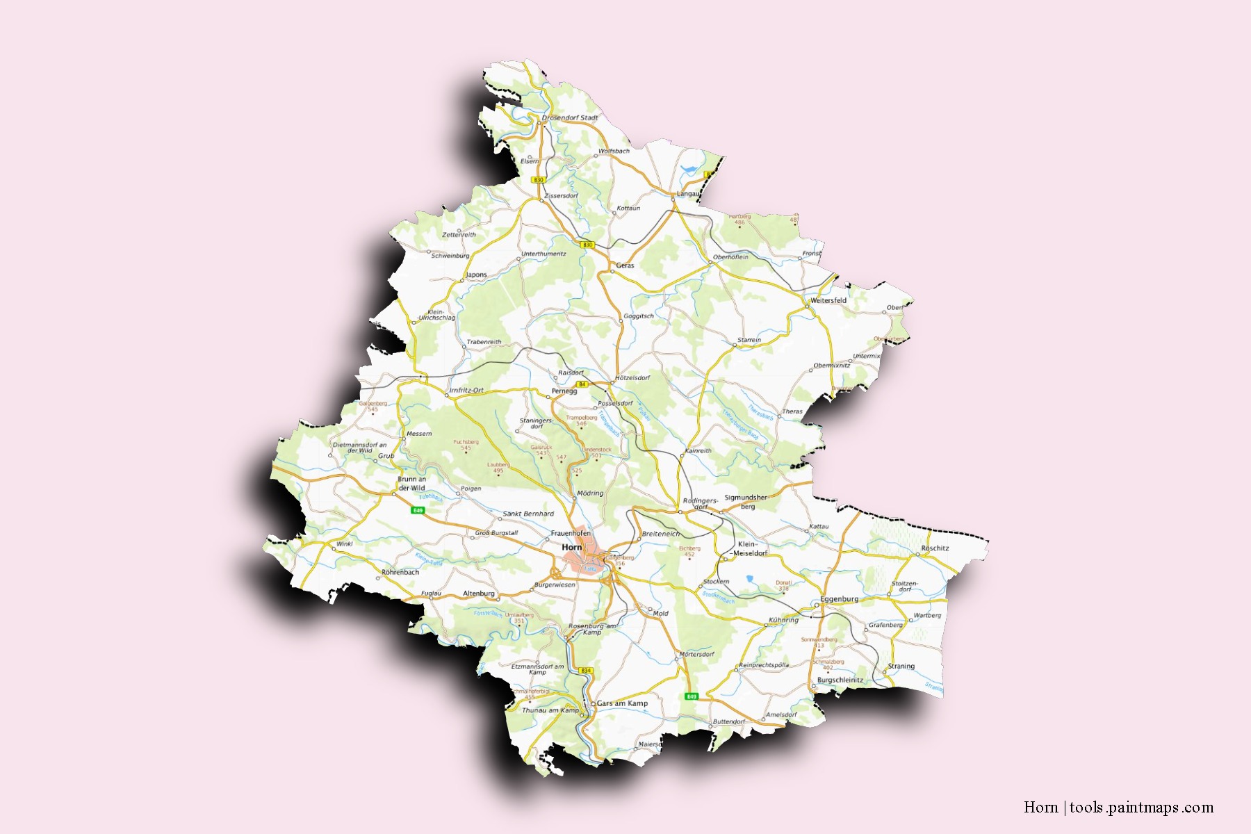 Mapa de barrios y pueblos de Horn con efecto de sombra 3D