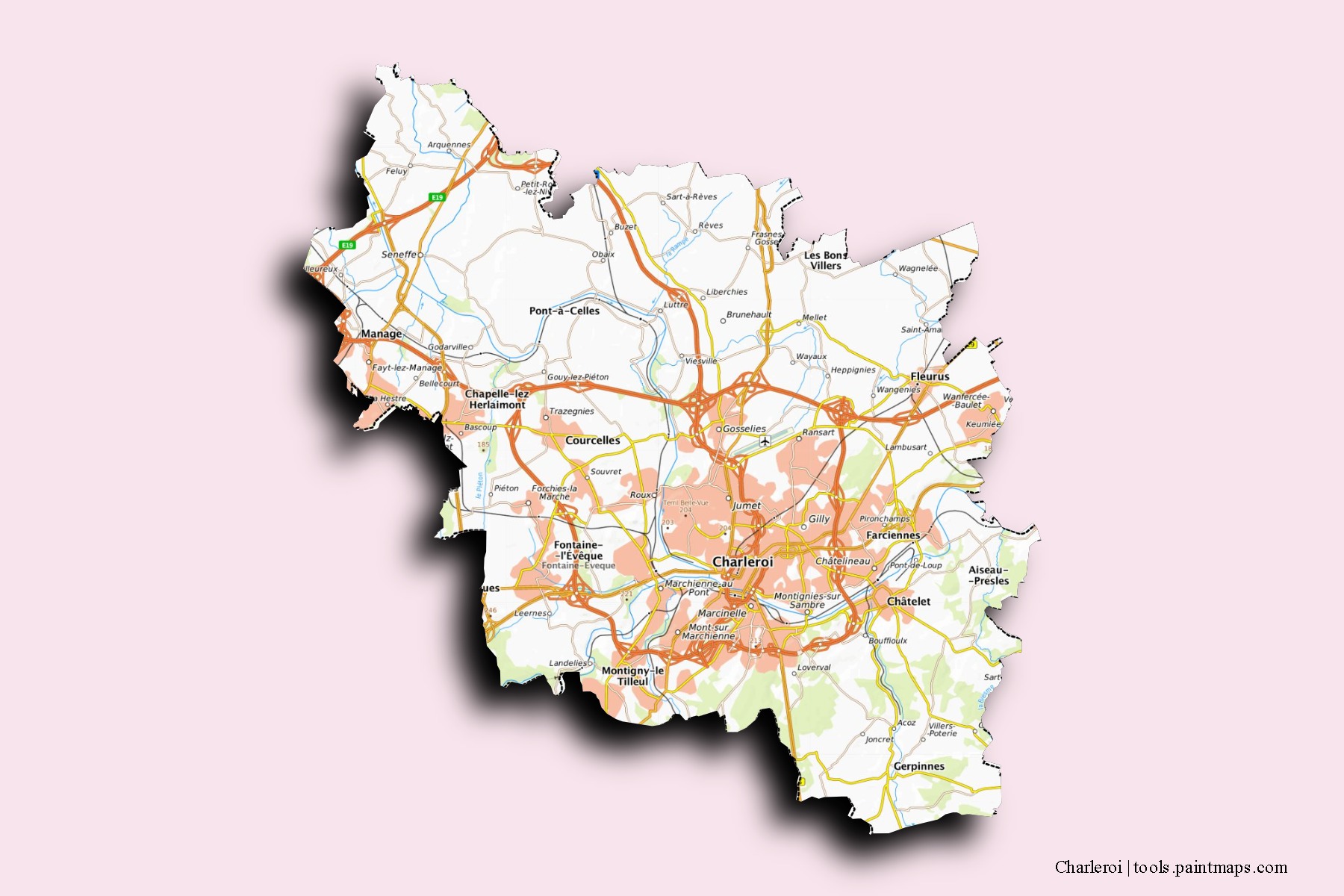 Mapa de barrios y pueblos de Charleroi con efecto de sombra 3D