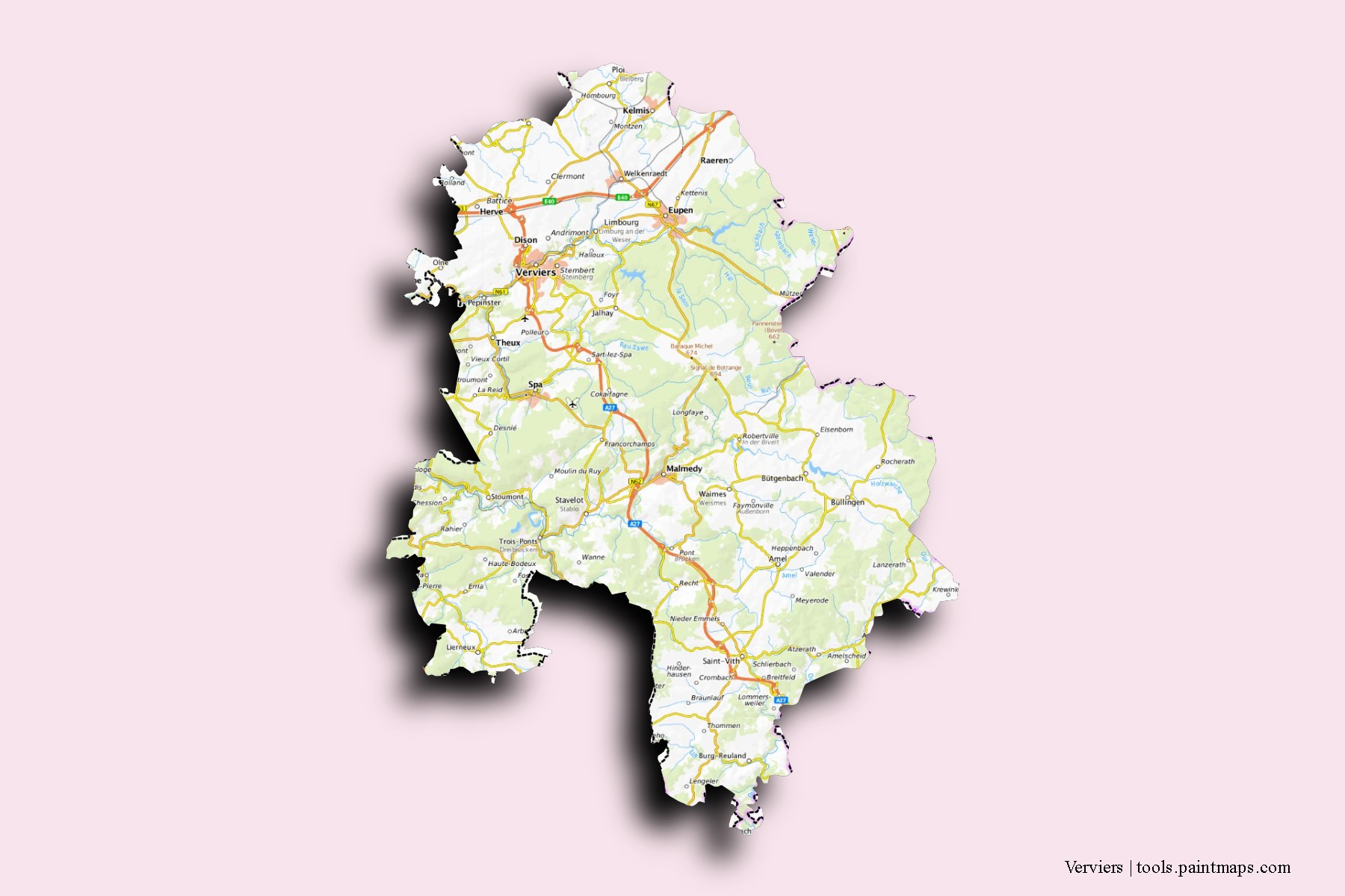 Mapa de barrios y pueblos de Verviers con efecto de sombra 3D