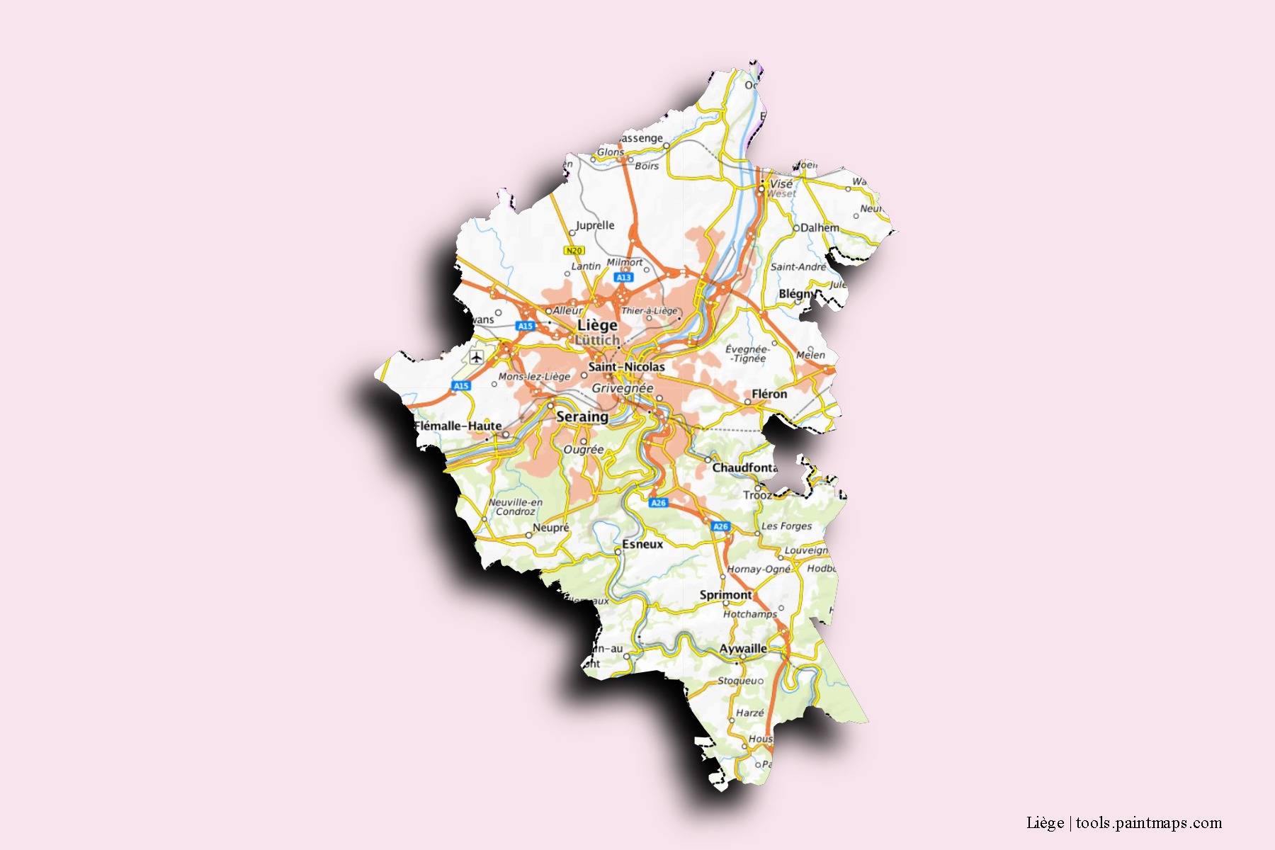 3D gölge efektli Liège mahalleleri ve köyleri haritası