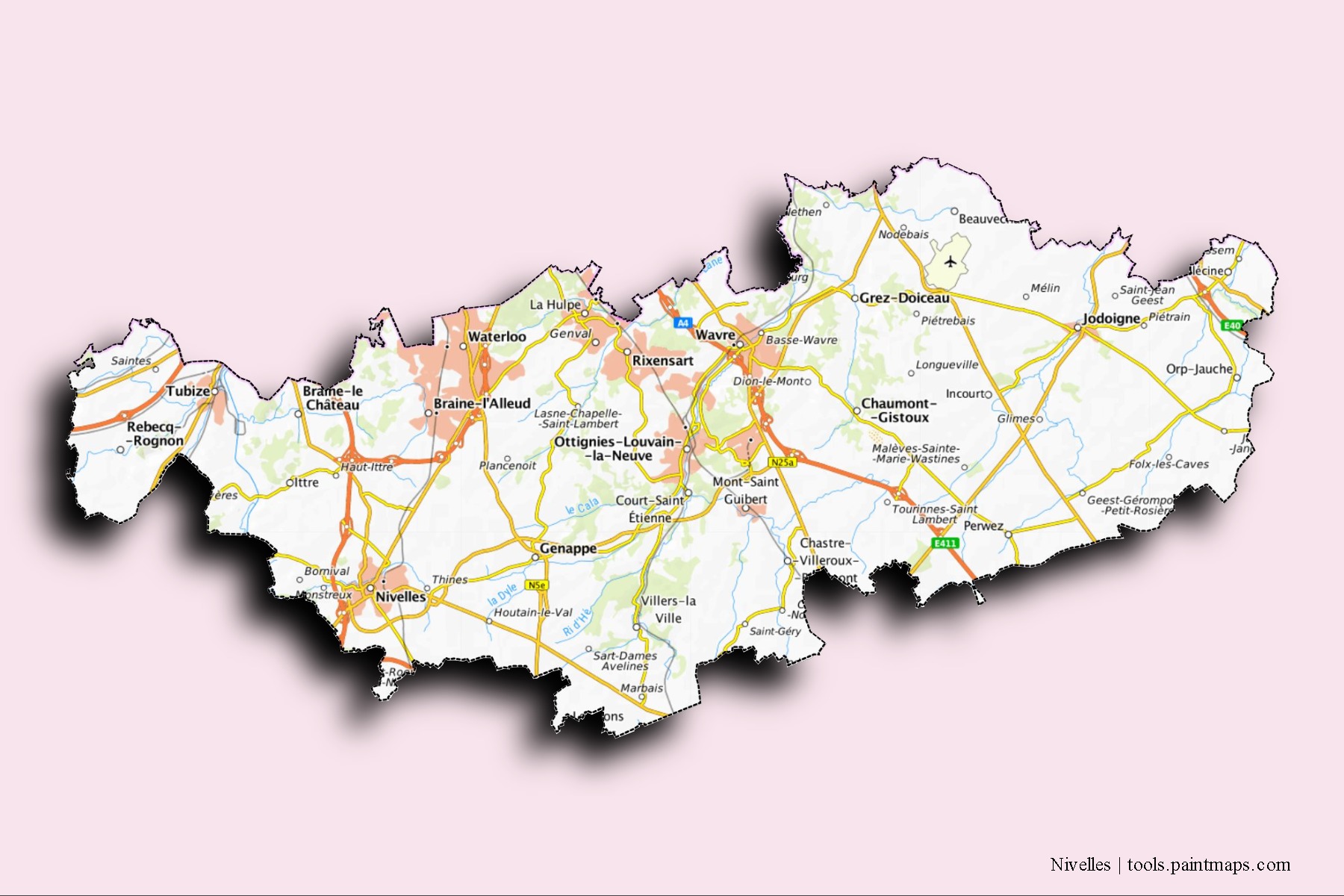 Nivelles neighborhoods and villages map with 3D shadow effect