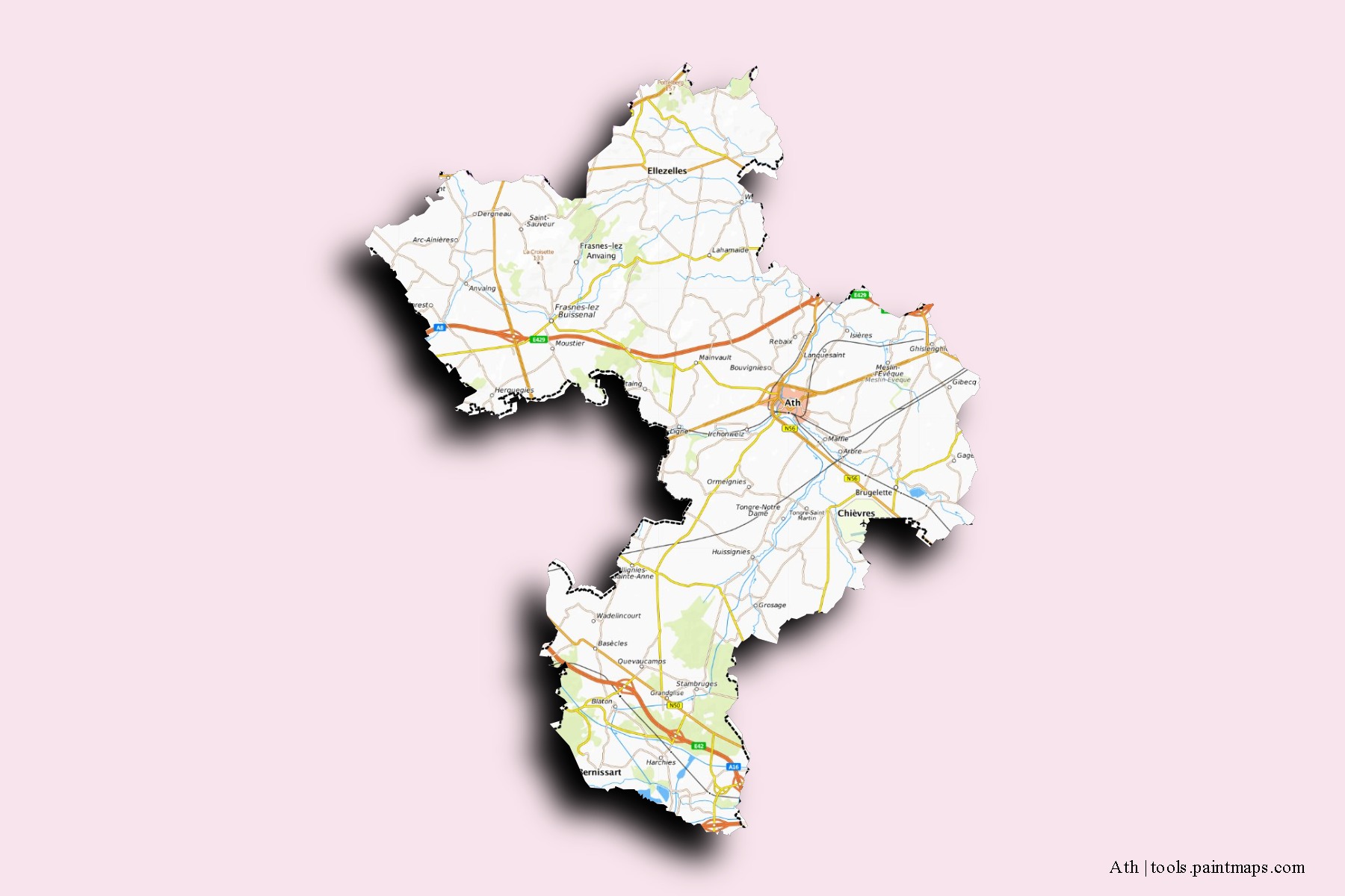 Mapa de barrios y pueblos de Ath con efecto de sombra 3D