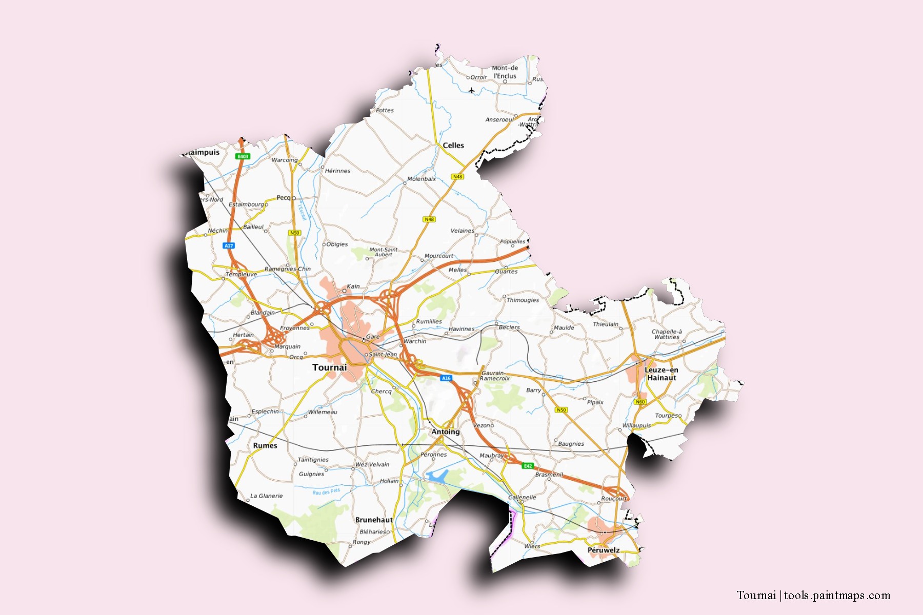 Mapa de barrios y pueblos de Tournai con efecto de sombra 3D